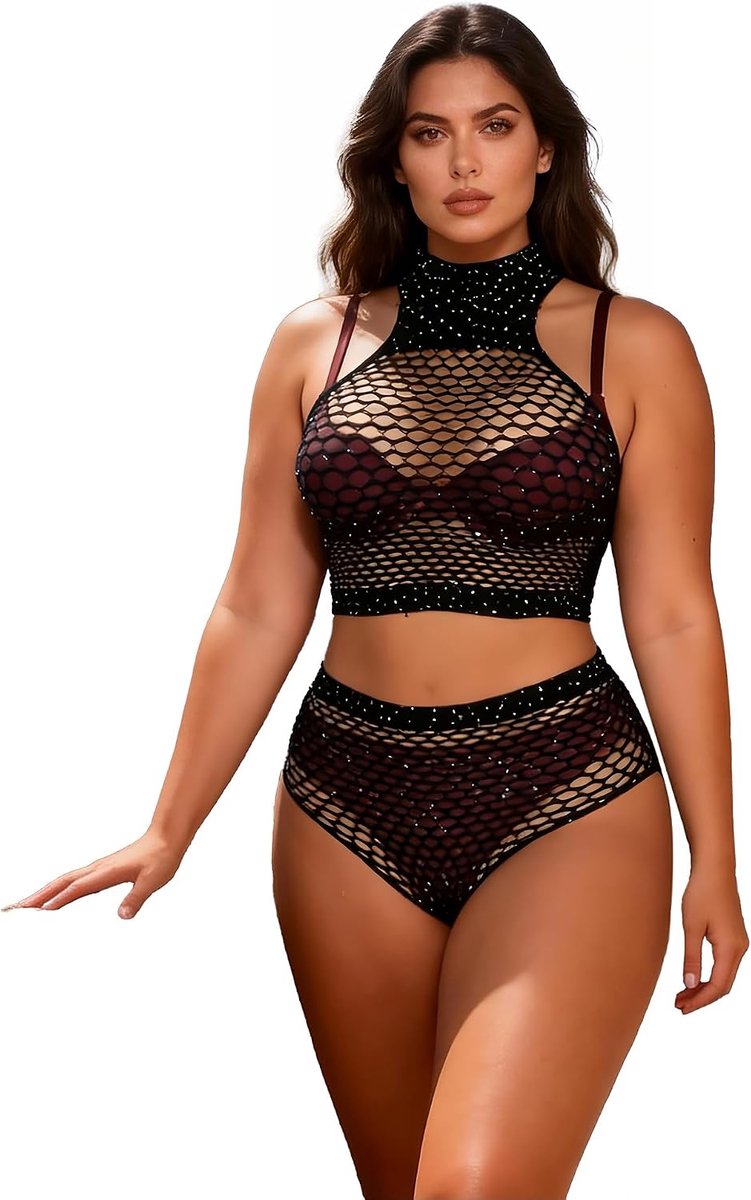 Tweedelig, sexy lingerie, visnet, grote maten, bodystocking, glanzend, visnet, bodysuit, nekhouder, transparant, body, elastisch, mesh, bovenstuk, ondergoed, lingerie