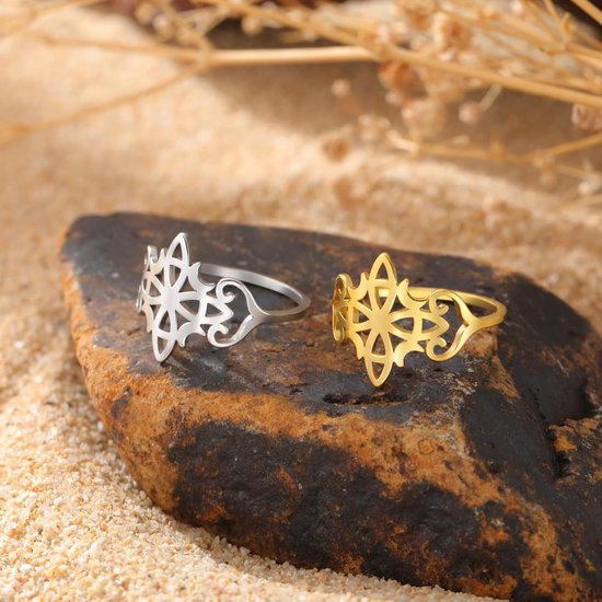 Kkjoy Heksen knoop ring roestvrij staal vier manen magische knoop Heidense Wicca symbolen ring Keltische knoop hekserij amulet voor vrouwen charmante dames — afbeelding 5