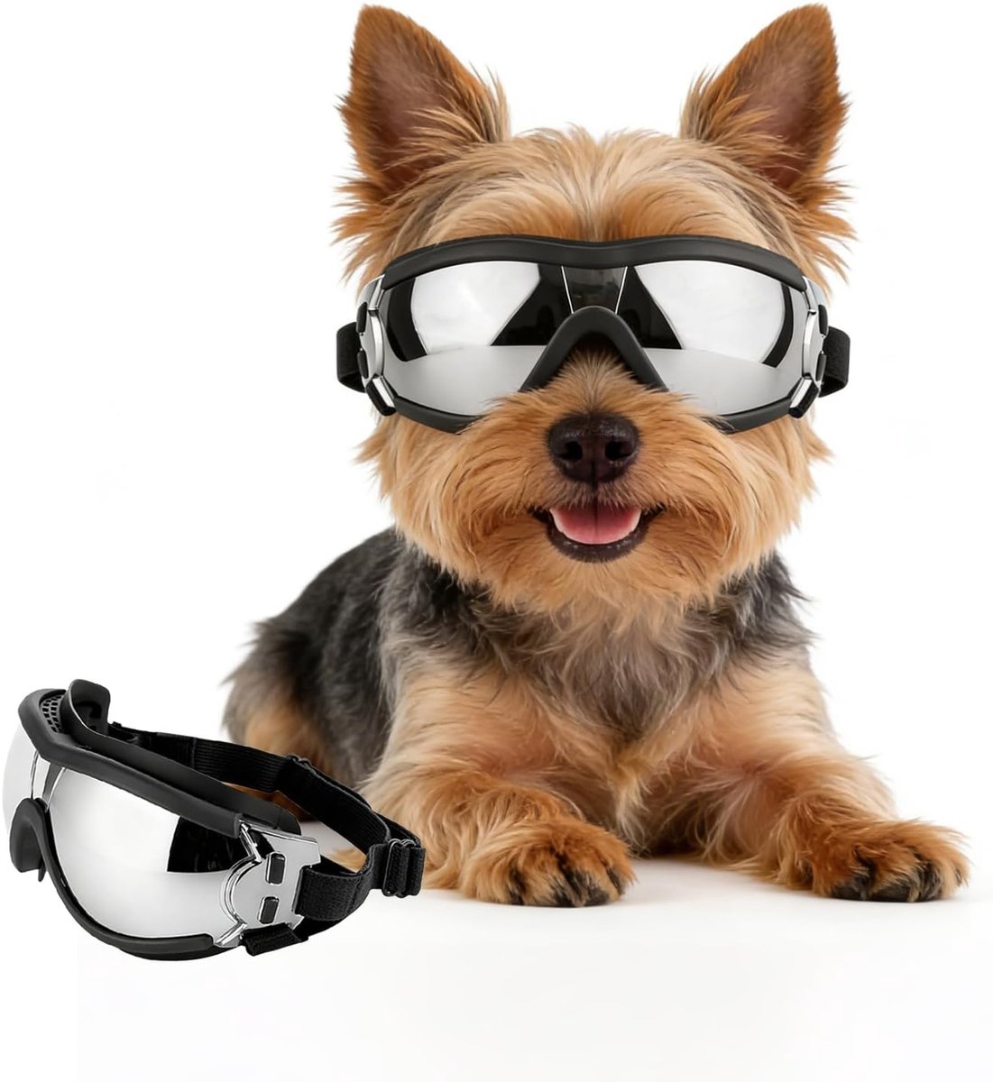 Hondenbril voor kleine honden, anti-UV, winddicht, motorbril met verstelbare elastiek, hondenzonnebril voor kleine rassen, zilver, S