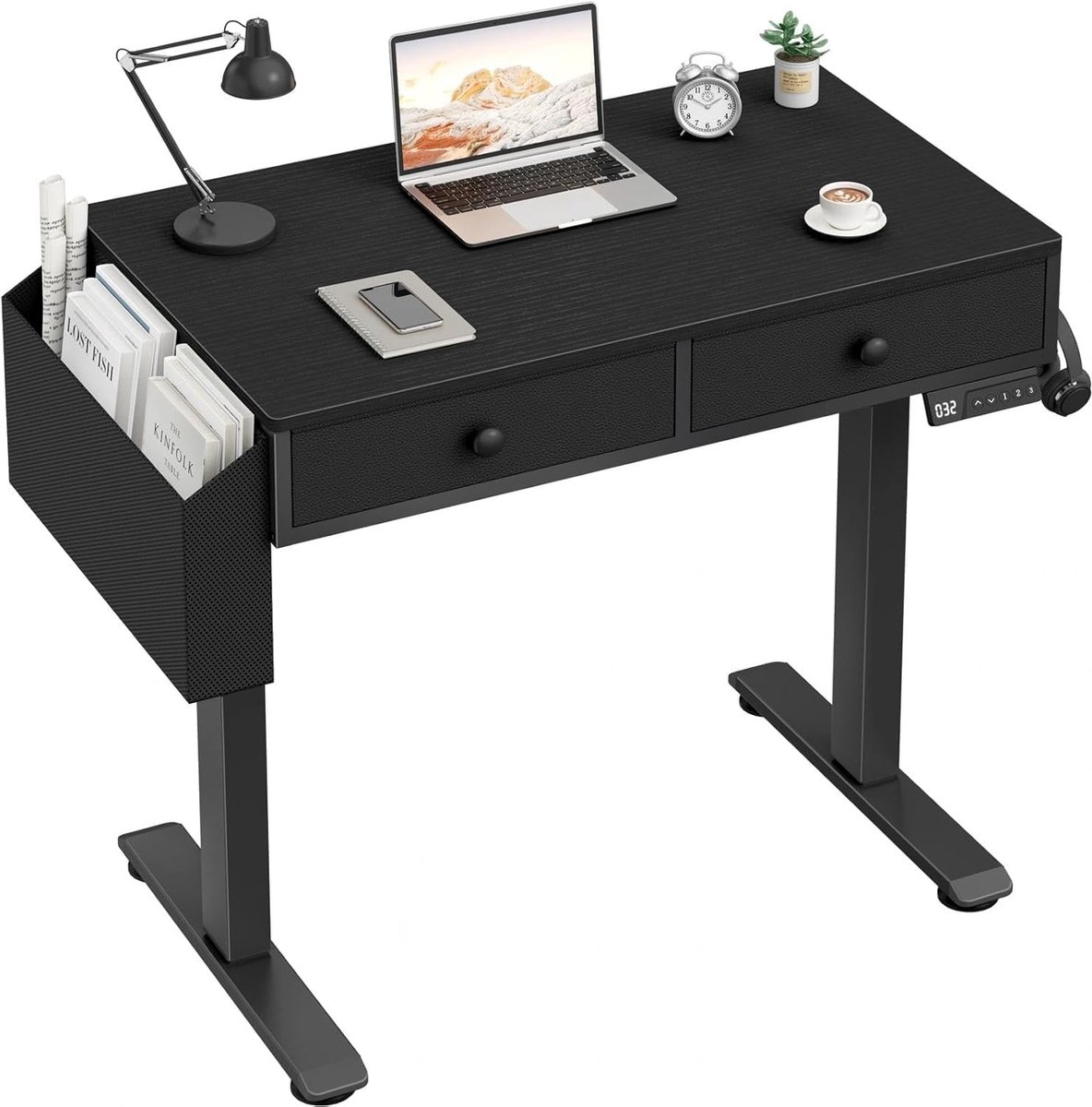 Lufeiya In Hoogte Verstelbaar Bureau met 2 Laden en Opbergtas, Geheugenfunctie, Klein Bureau voor Thuiskantoor en Studenten, Zwart (80 × 50 cm)