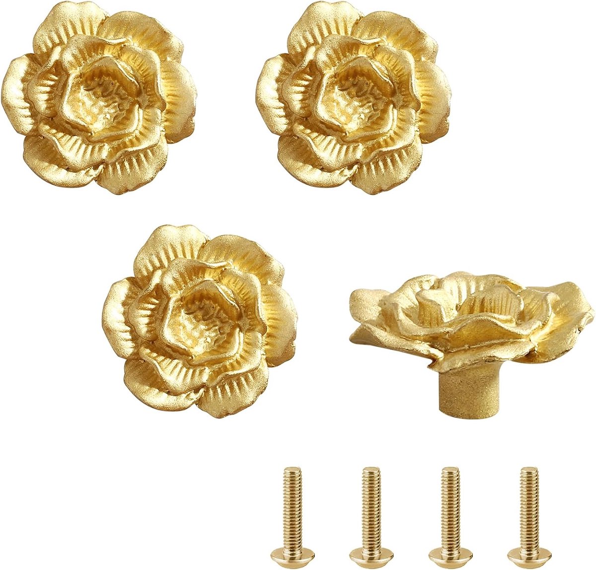 4 stuks bloemvormige knoppen met schroeven, gouden meubelknoppen, ladegrepen in bloemenvorm, messing handvat met één gat voor kast, commode, lade, kast, keuken (32 x 15 mm)