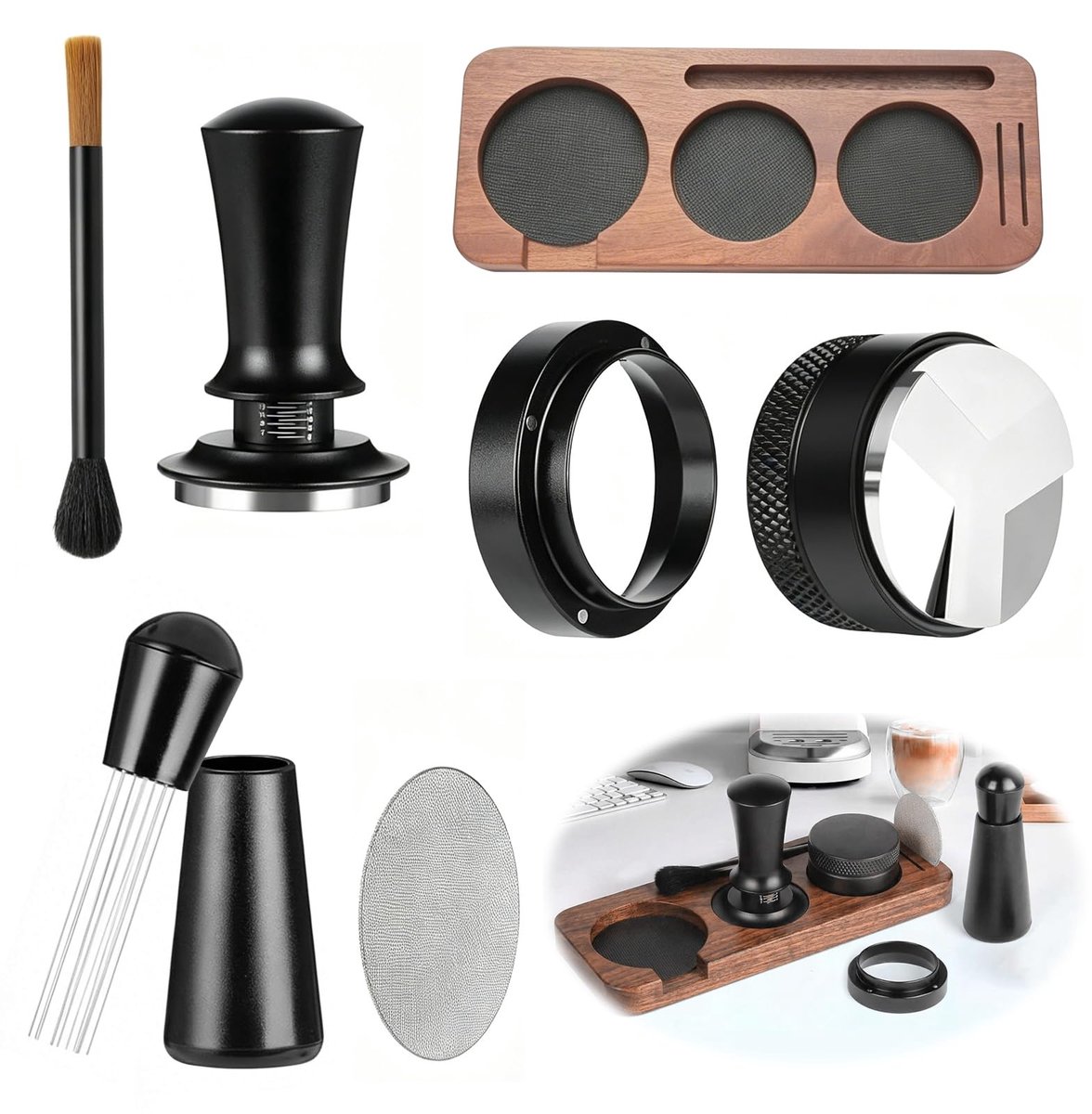 7-Delige Espresso Tamper Set 51 mm - Barista Accessoires Set met Tampstation - Inclusief Koffienaald, Doseerder, Doseerring 53 mm, Puck Screen en Reinigingsborstel - 304 Roestvrijstalen Espresso Tools voor Thuisbarista en Koffieliefhebbers