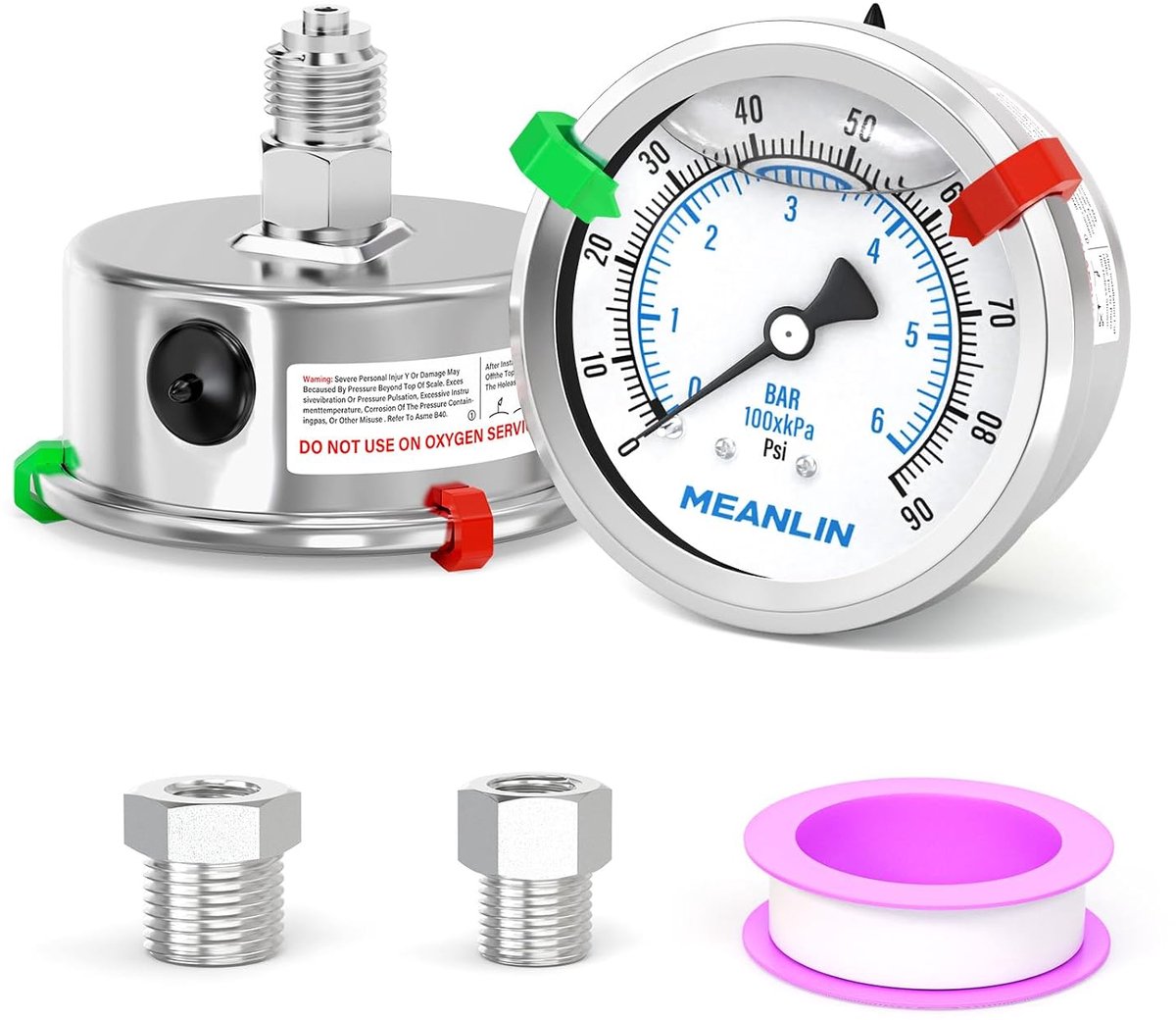 Manometer 0~6Bar/0~90Psi - Vloeistofgevuld roestvrij staal - Achtermontage met 1/4" BSP - Betrouwbare drukmeting - ShopVlot