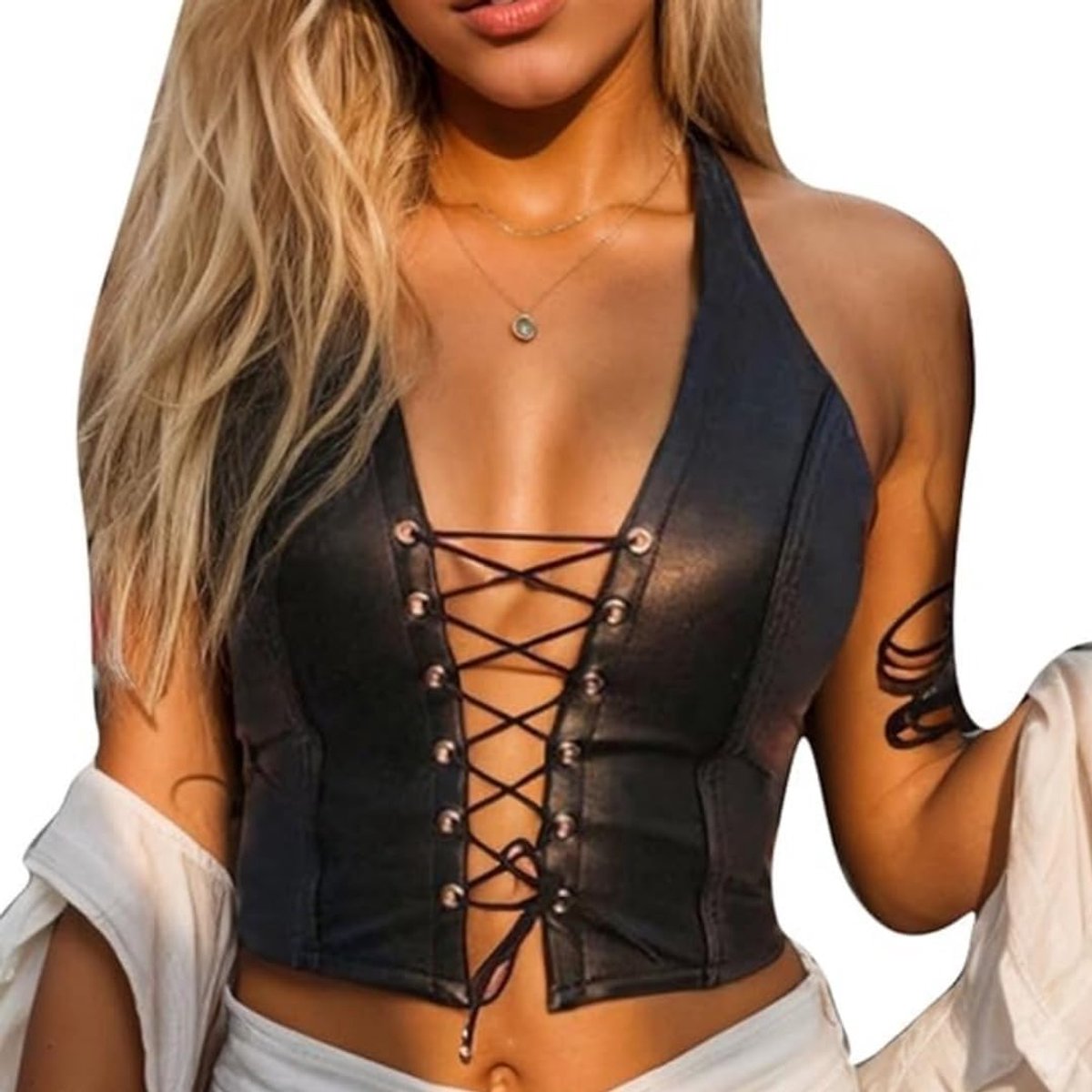 Dames sexy tanktop - PU leer - halter met strik - perfect voor een avondje uit - ShopVlot