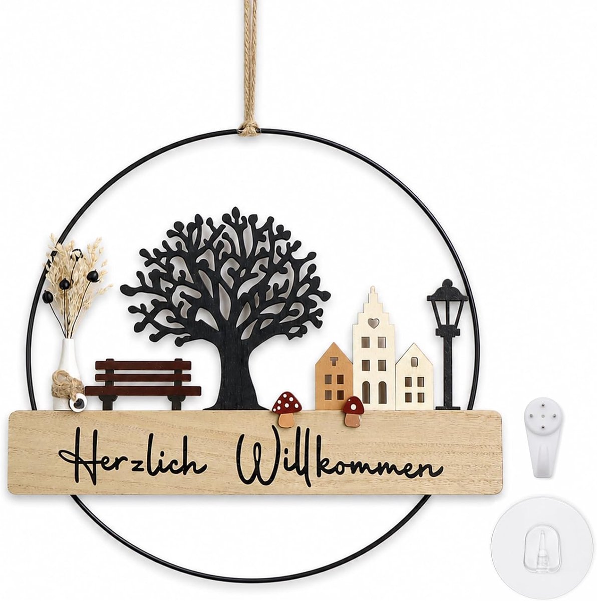 Welkomstbord gedroogde bloemen Ø 28 cm - modern design - elegant met jute - sfeervolle decoratie voor de deur - ShopVlot