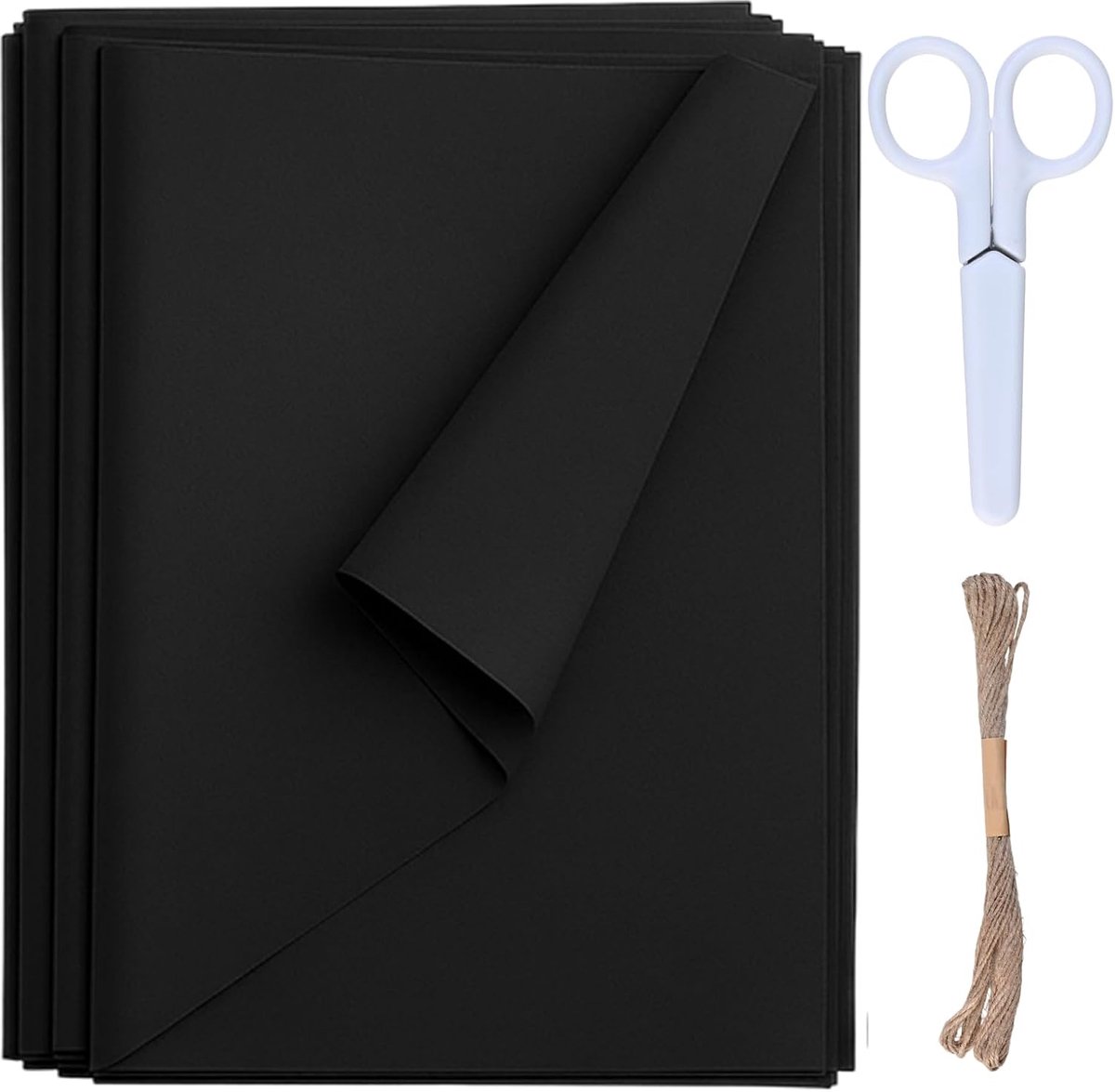 Zijdepapier cadeaumateriaal, 70 x 50 cm, zwart cadeaupapier voor het verpakken van geschenken, voor zelfgemaakte decoratie, wordt geleverd met 10 meter koord en schaar