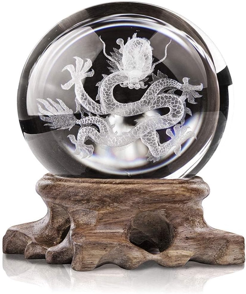 3D-presse-papier in drakenvorm met Feng Shui kristallen bal met houten standaard voor woondecoratie