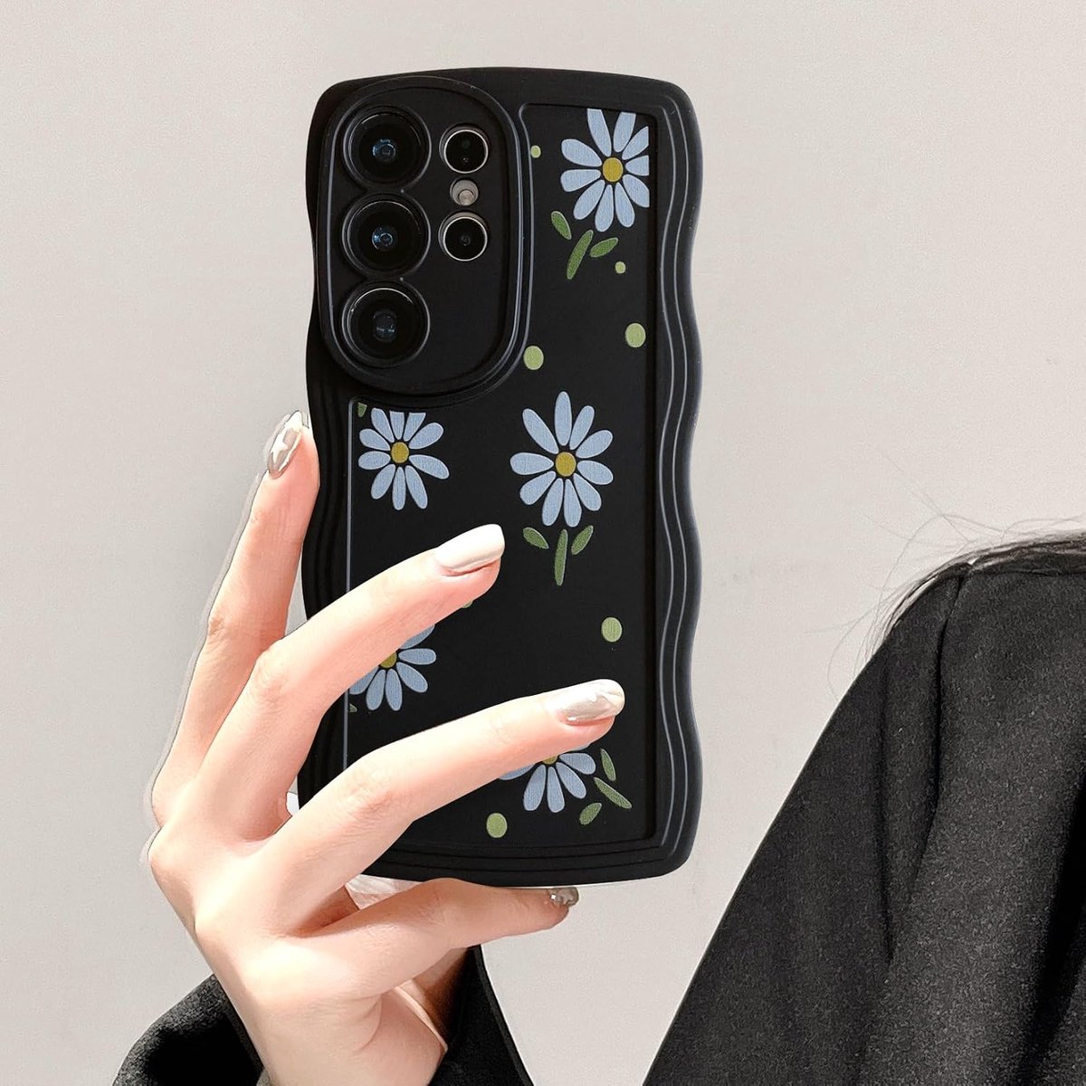 Beschermhoes voor Samsung Galaxy S25 Ultra 5G, Wave Frame Margriet, beschermhoes van vloeibare siliconen, telefoonhoes met madeliefjespatroon, schokbestendig, bumper cover voor meisjes en dames