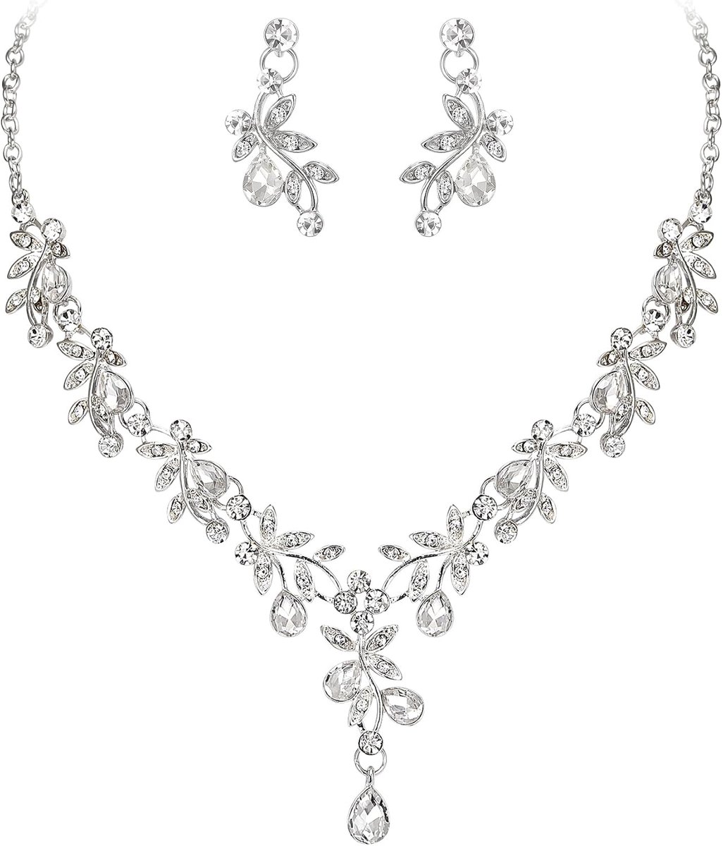 Bruiloftssieradenset voor dames, bruid, Y-halsketting, hangende oorbellen, set indrukwekkende kristallen druppel blad bloem cluster prom-sieraden voor bruid bruidsmeisje helder zilverkleurig,