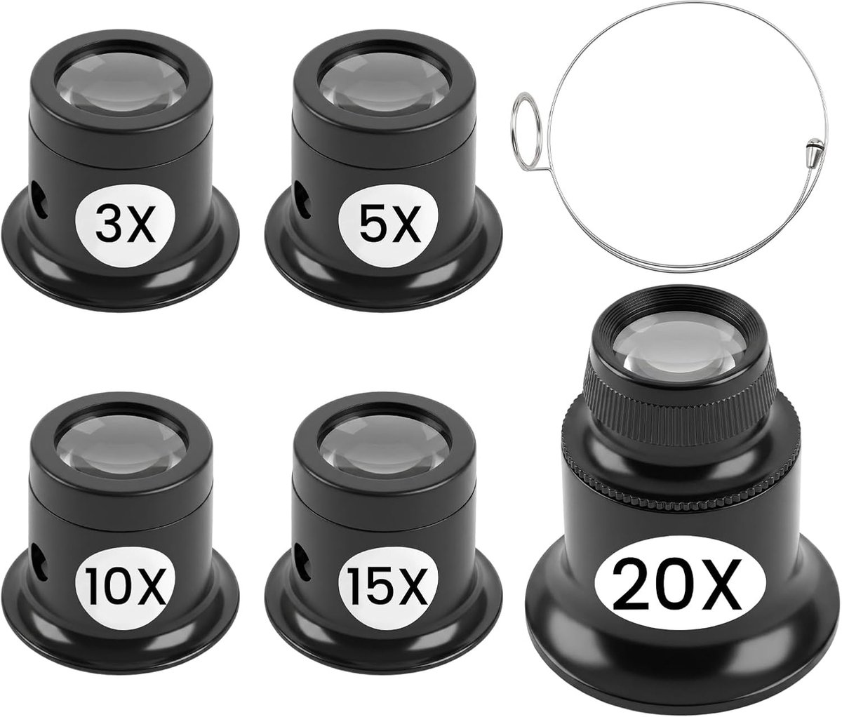 5 stuks juweliersvergrootglas, 3 x 5 x 10 x 15 x 20 x, vergrootglas voor juweliers