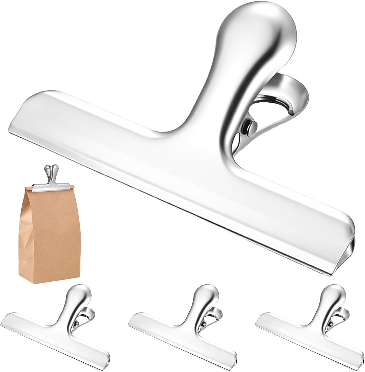4 klemmen voor het sluiten van zakken, klemmen voor voedselzakken van roestvrij staal, metalen klemmen voor vriezakjes, snacks, brood, foto's, thuis, kantoor, keuken (2,9 x 2,9 cm)