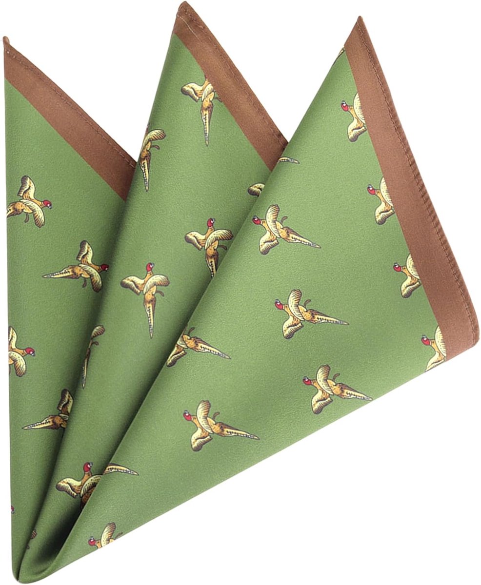 Zakdoek voor heren, zijdeachtige textuur, zachte glans, kleurrijk patroon, vintage, retro, zakelijk, bruiloften, 33 x 33 cm, militaire groene reden met vogelmotief