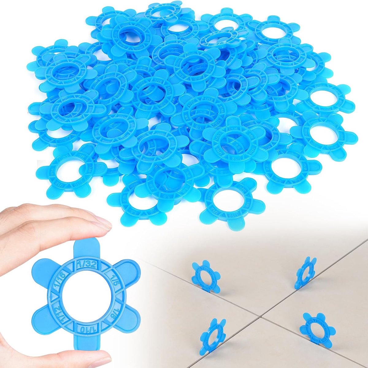Afstandhouders, 6-in-1, herbruikbaar in verschillende maten (1mm 1.5mm 2mm 2.5mm 3mm 5mm) perfect voor vloer-, muur- en keukeninstallaties (200 stuks, blauw)