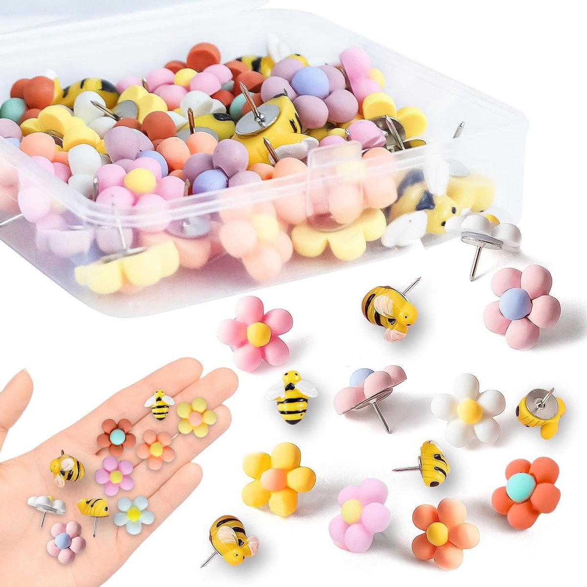 46 stuks bloem tekenpennen voor prikbord, Bee Push schattige prikbordpennen met opbergdoos, punaises herbruikbare pushpins pennen voor kurkbord, school, kantoorkaart, fotomuur gebruik