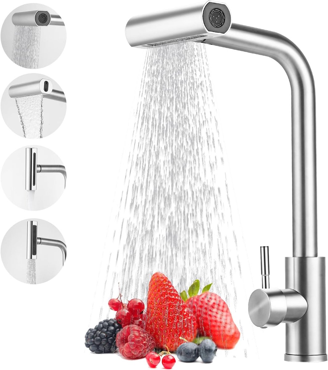 Waterkraan keuken uittrekbaar met 4 modi – roestvrij staal mengkraan met waterval uitloop, keukenarmatuur hogedruk 9.5 mm voor spoelbak