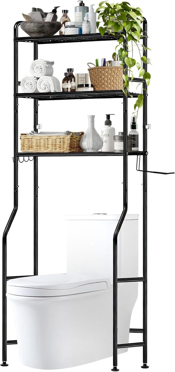 wc-rek voor wasmachine, toiletkast, 3 planken, handdoekhouder, 62 x 163 x 22 cm, zwart