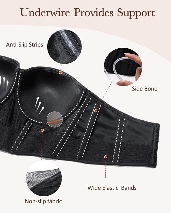Strapless beha voor dames, push-up-effect, beugel, ondergoed, vormend, beha, korset, houdt stevig vast, grote maten — afbeelding 3