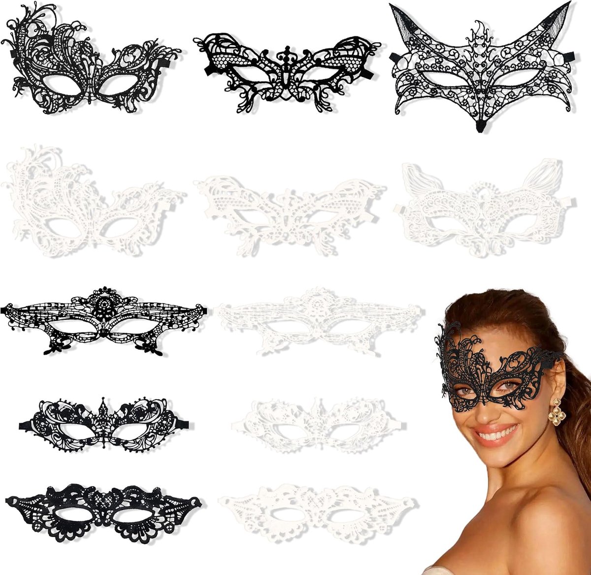 Lace mask 12 stuks - zwart en wit - sexy Venetiaans oogmasker - perfect voor Halloween en carnaval - SnelShoppen