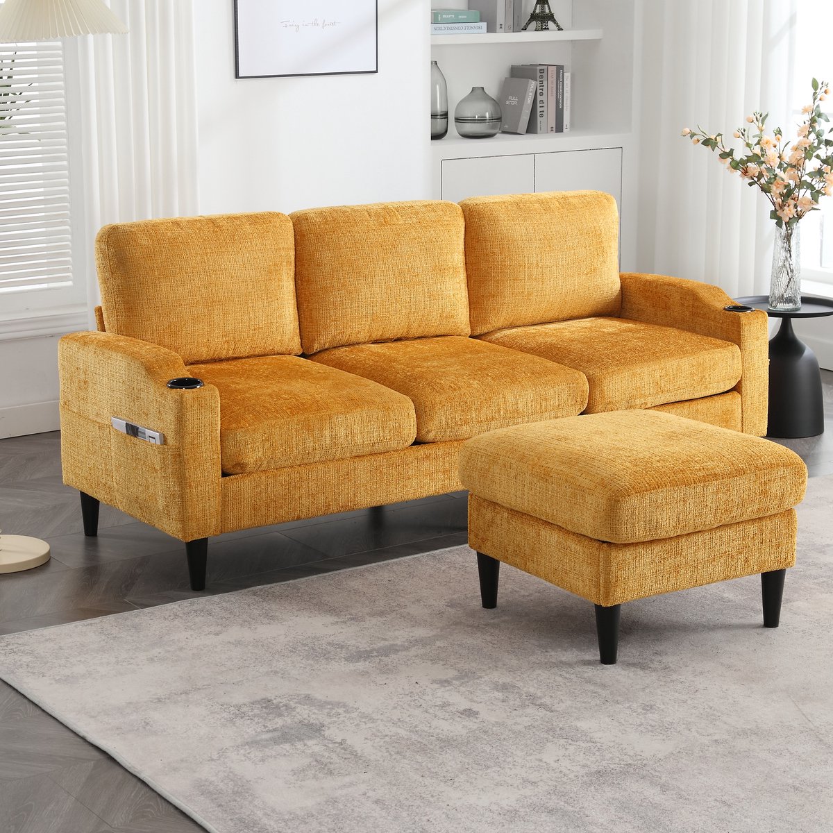 MEUNIQ 4-zits zitbank met hocker en opbergruimte, chenille-look, armleuningen met bekerhouders en zijvakken, voor woonkamer, geel