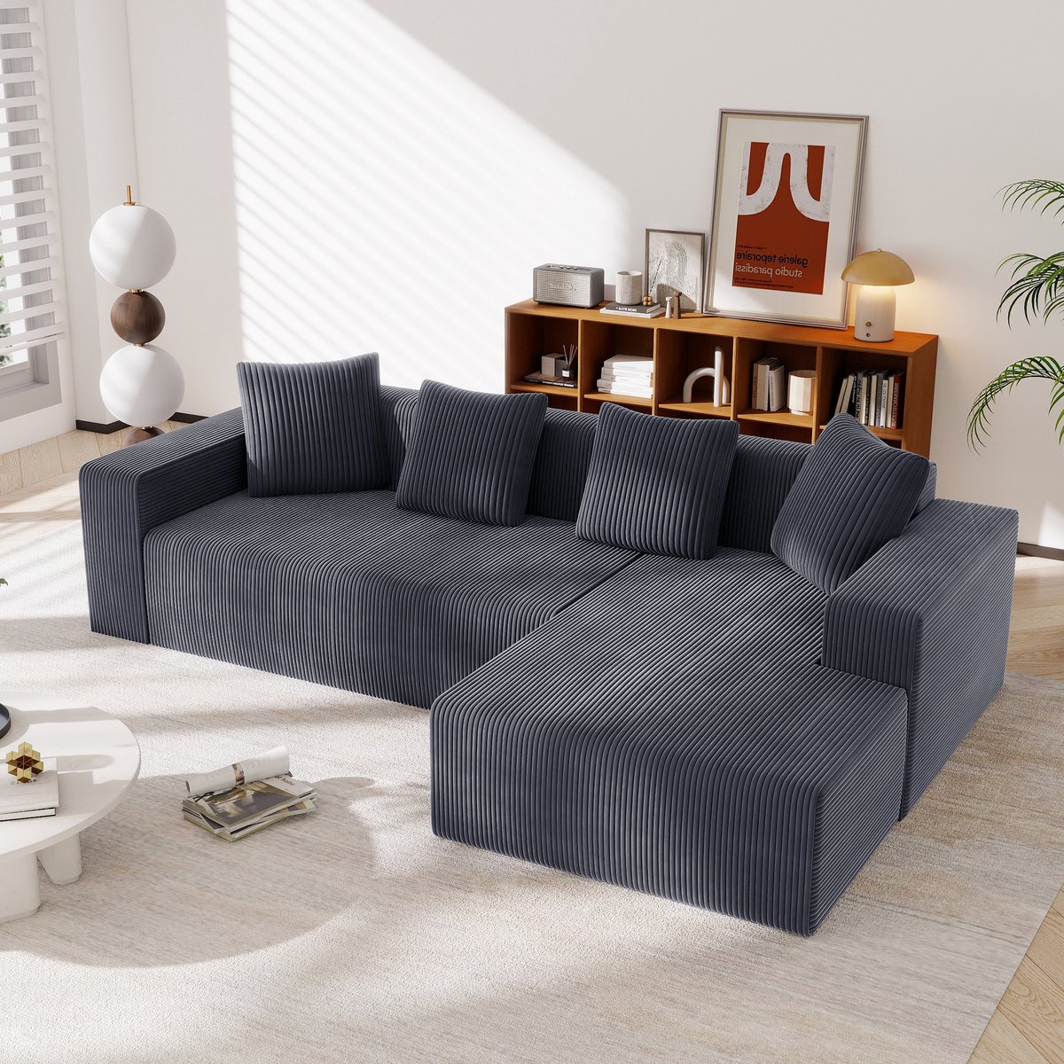 MEUNIQ L-vormige hoekbank 261 x 146 x 65 cm, modulair 3-zitsdesign met chaise longue rechts, diepe zit en 4 kussens, grijs