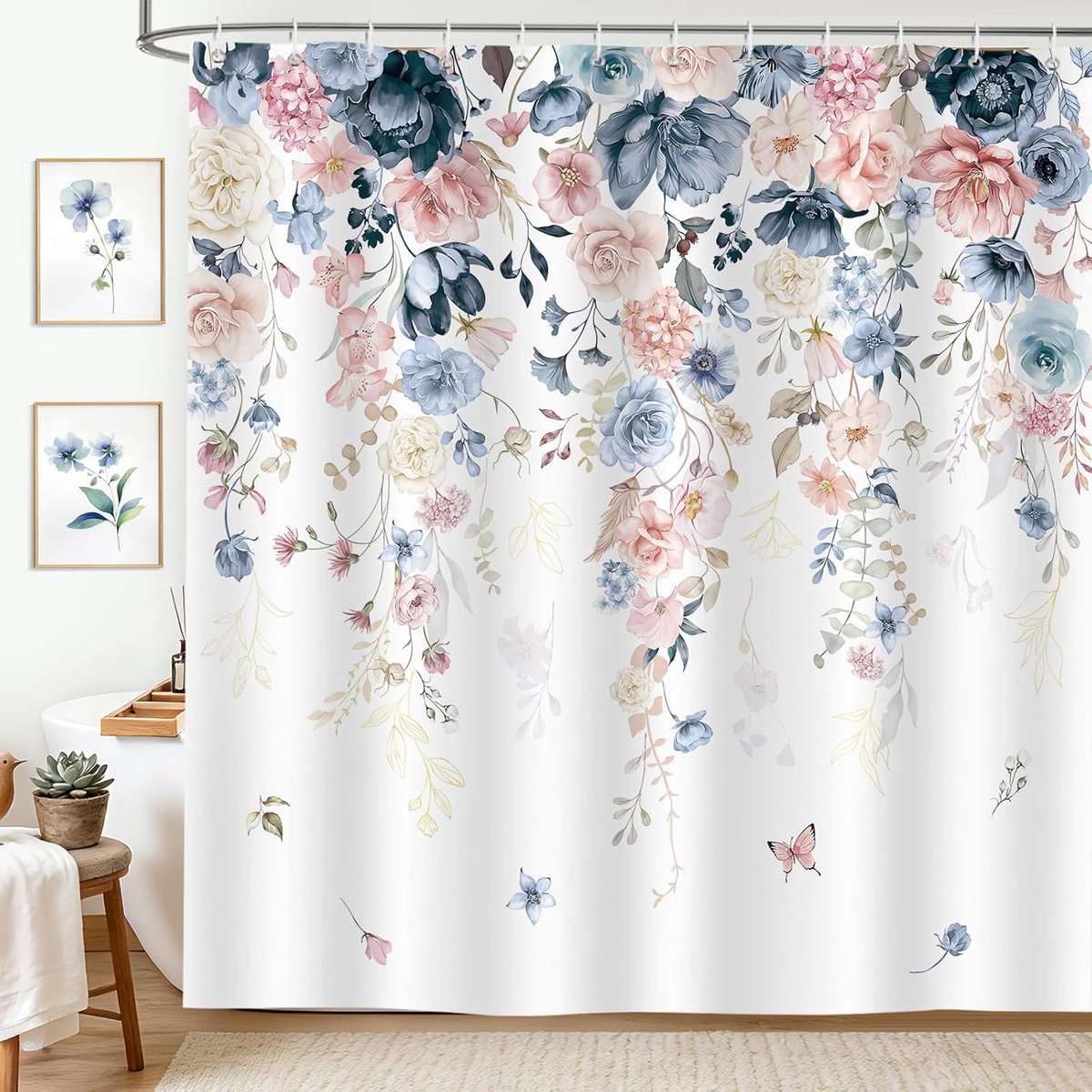 Douchegordijn 180 x 200 cm - Lente bloemen aquarel - Marineblauw roze bloemen - Unieke stijl voor badkamer - ShopVlot