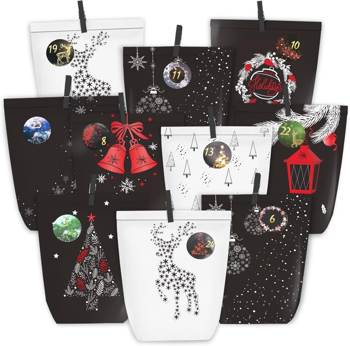 Adventskalender om te vullen - 24 papieren kerstzakjes - met cijferstickers - voor creatieve kerstdecoratie - ShopVlot