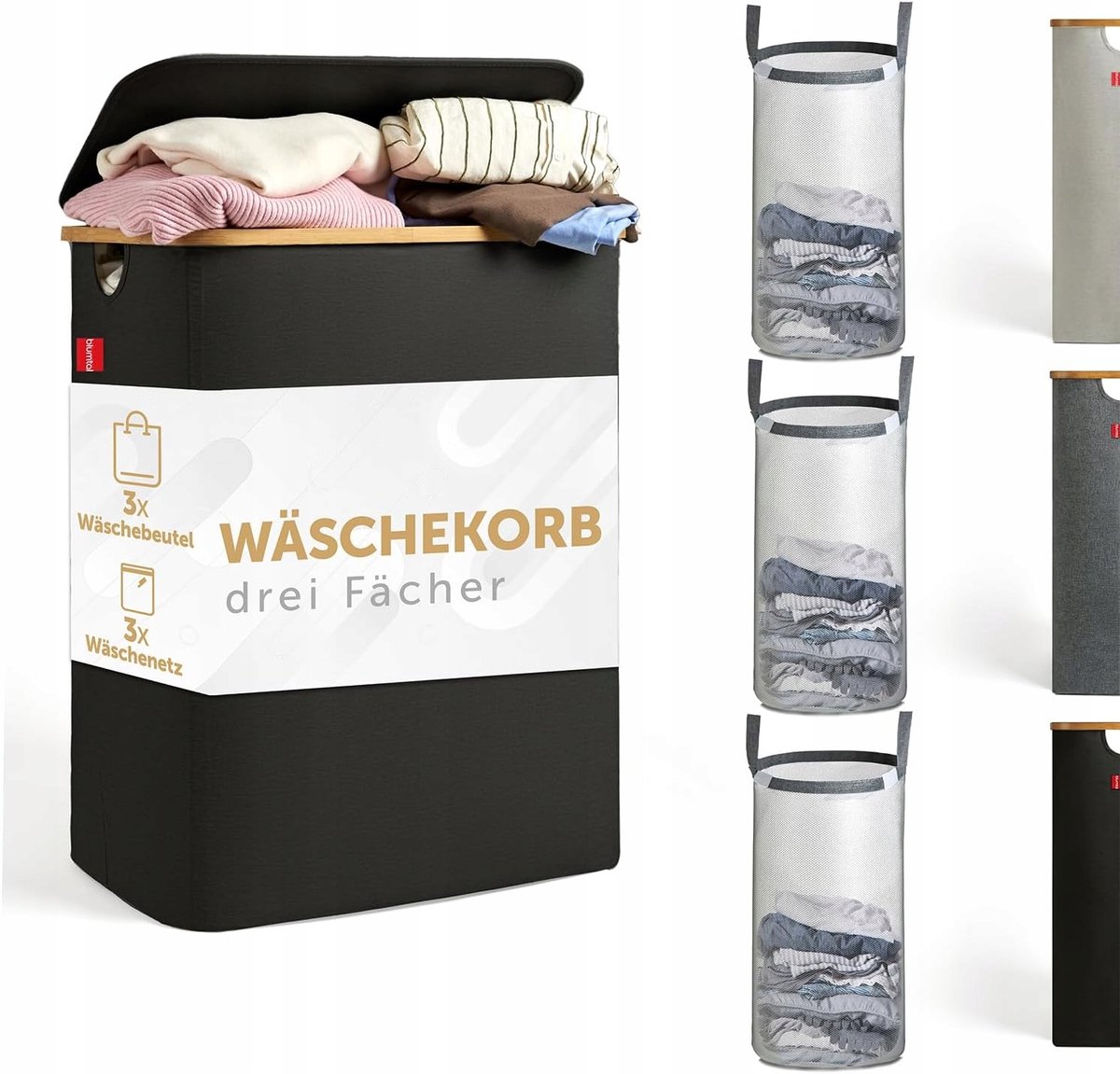 Merkloos Merkloze Bamboe Wasmand met 3 Vakken - 150L