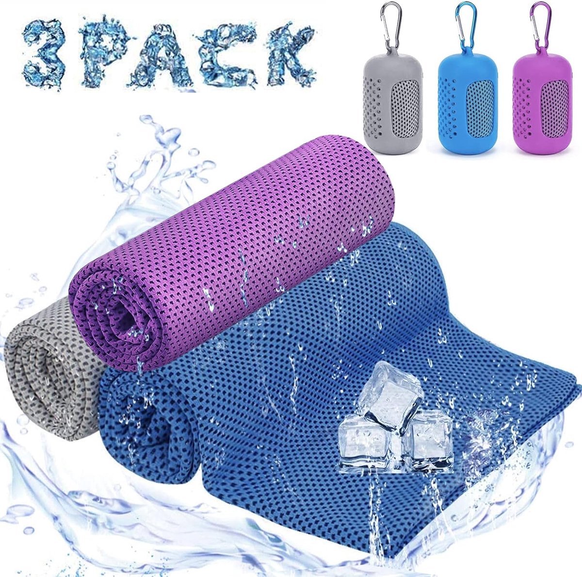 Koeldoek Set - Microfiber Koelhanddoek voor Fitness, Reizen, Yoga, Golf - 30x100cm - Blauw/Paars/Grijs