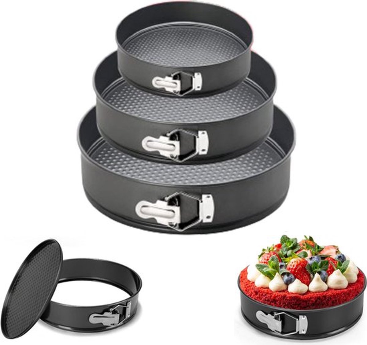 3-Delig Ronde Springvorm Set - Bakblik Rond - Taartvorm - Bakvorm Met Anti Aanbaklaag - 20, 22 En 24cm - Afneembaar Onderstel - Bak Gelijkmatig - Bakset - Cakevorm - Vaatwasmachinebestendig - Metaal - Zwart