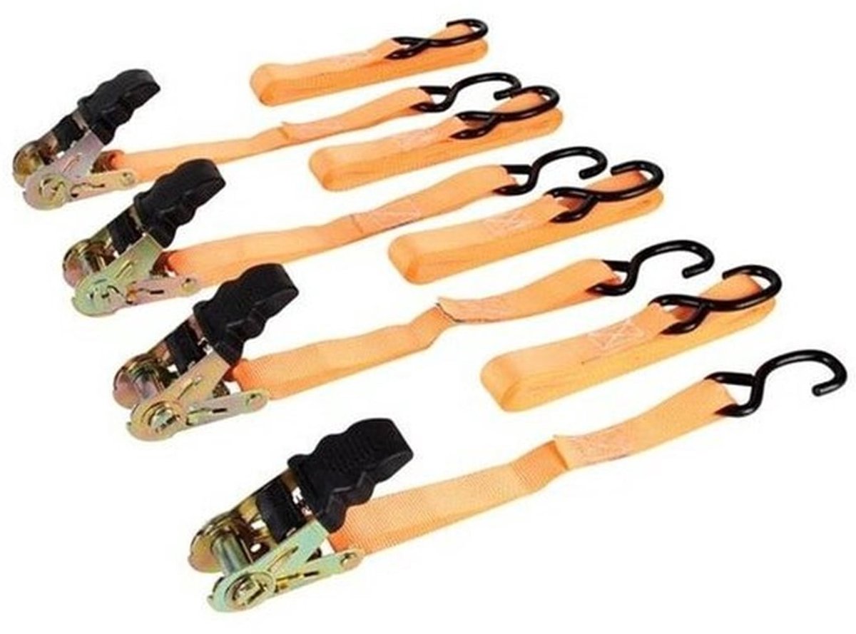 Spanbanden - Met Ratel - Set van 4 - 25 mm × 5 m - 500 kg - Voor Lading Vastzetten, Auto, Aanhanger - Sjorbanden - Oranje