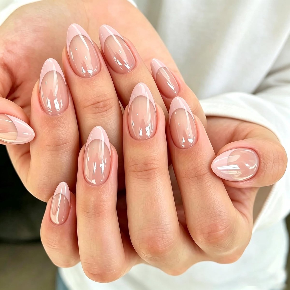 30 stuks, korte nagels, amandel, chroom, roze, French design, short mirror, salonkwaliteit, press on nails, light pink tips, glazed shiny gel, zomer INS nepnagels