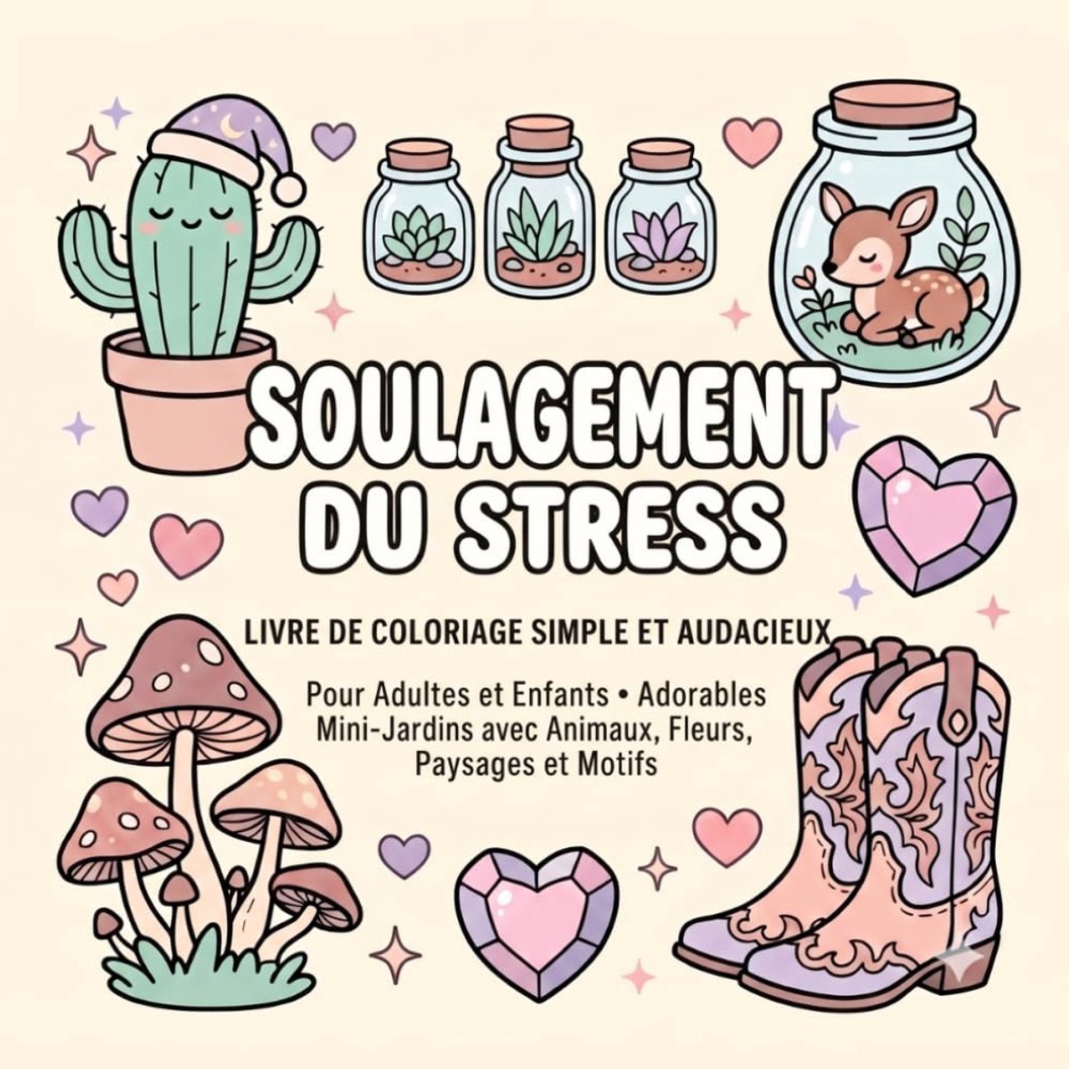 DU STRESS : Livre de coloriage simple et audacieux pour adultes et enfants avec adorables mini-jardins, animaux, fleurs, paysages et ... faciles pour la détente et la créativité