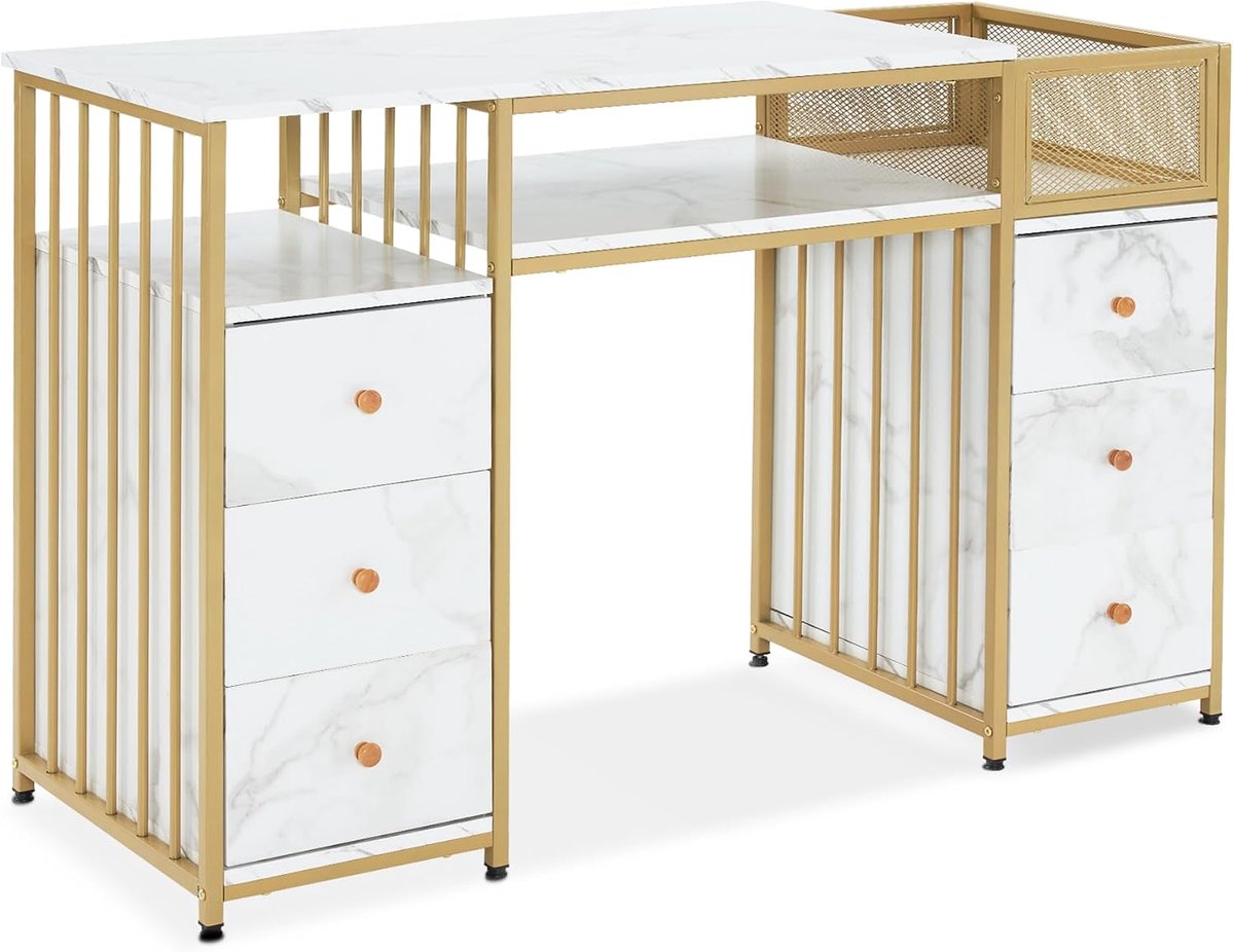 MCombo Bureau met 6 laden, nageltafel, manicuretafel, make-uptafel zonder spiegel, modern, computertafel met planken, woonkamer, 46 x 125 x 81 cm, 2425