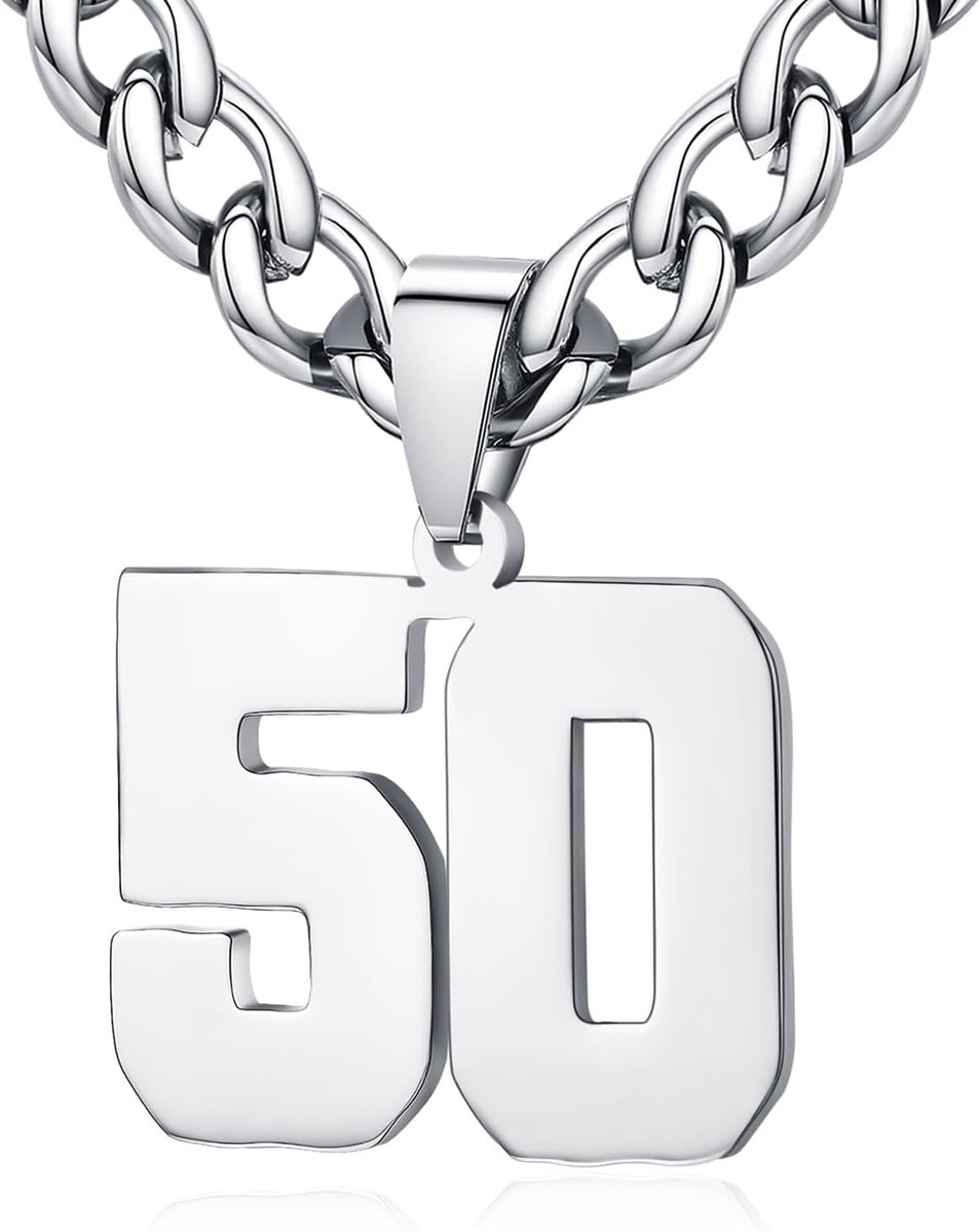 Heren dames roestvrij staal 0-99 getal hanger geluksgetal jersey nummer sporter halsketting gepersonaliseerd met 6 mm brede pantserketting, Roestvrij staal