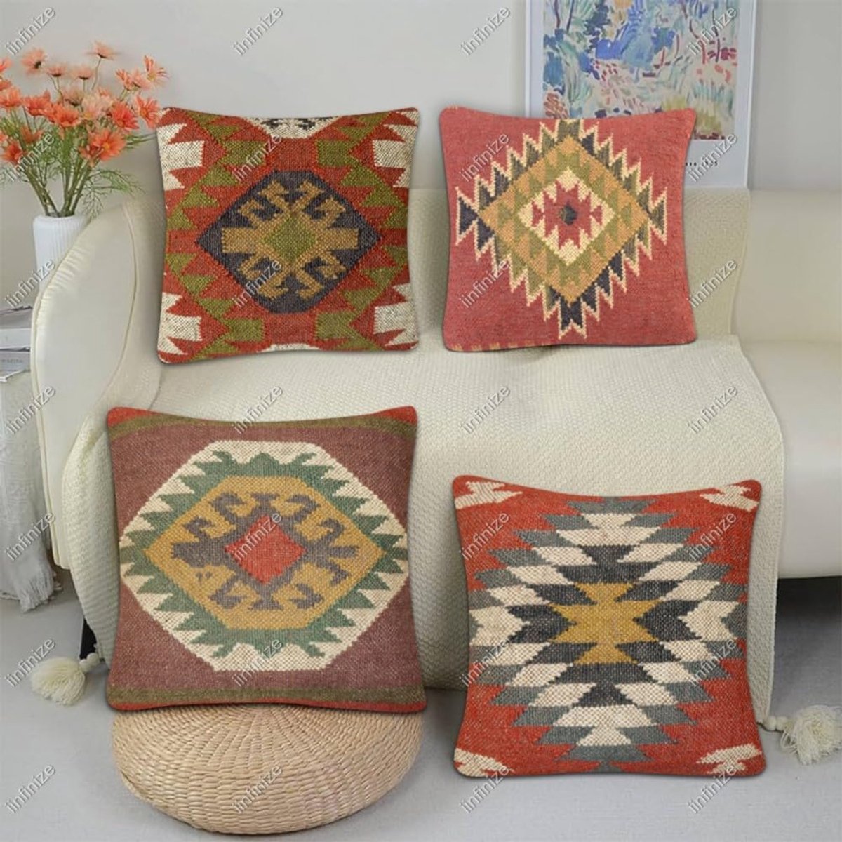Kussenhoezen 45x45 cm - Handgeweven wol-jute - Etnisch vintage design - Perfect voor interieurdecoratie - SnelShoppen