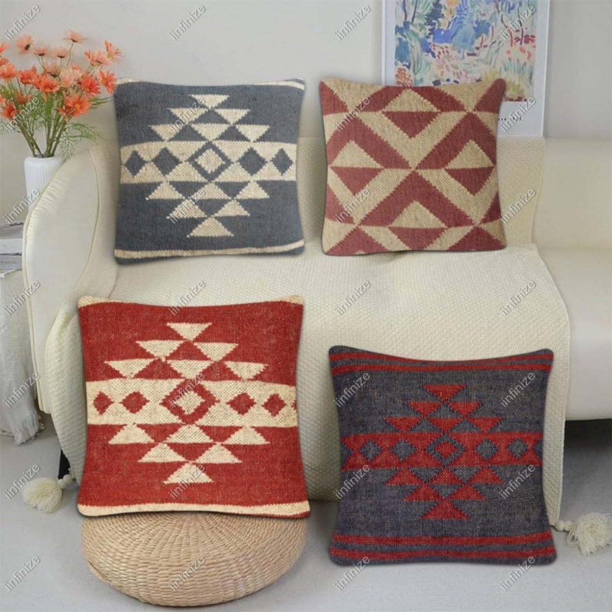 Decoratieve kussenhoes 45x45 cm - Vintage wol jute - Handgemaakt kelim ontwerp - Perfect voor binnen en buiten - SnelShoppen