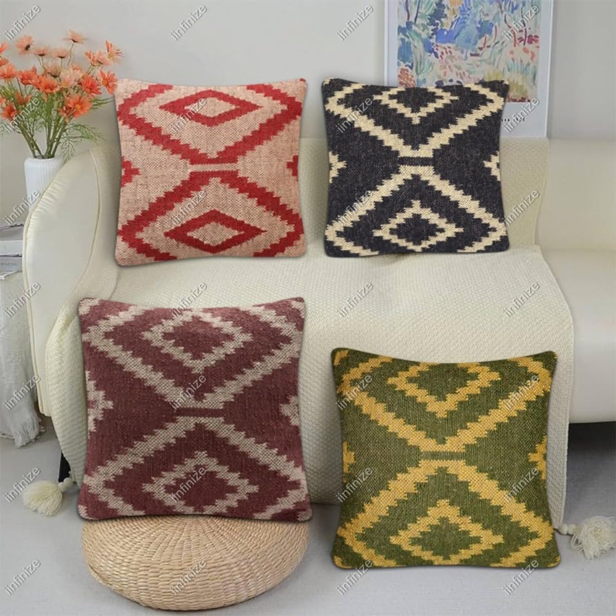 Kussenhoezen 45x45 cm - Handgeweven Jute - Etnisch Vintage Design - Boheemse uitstraling - SnelShoppen