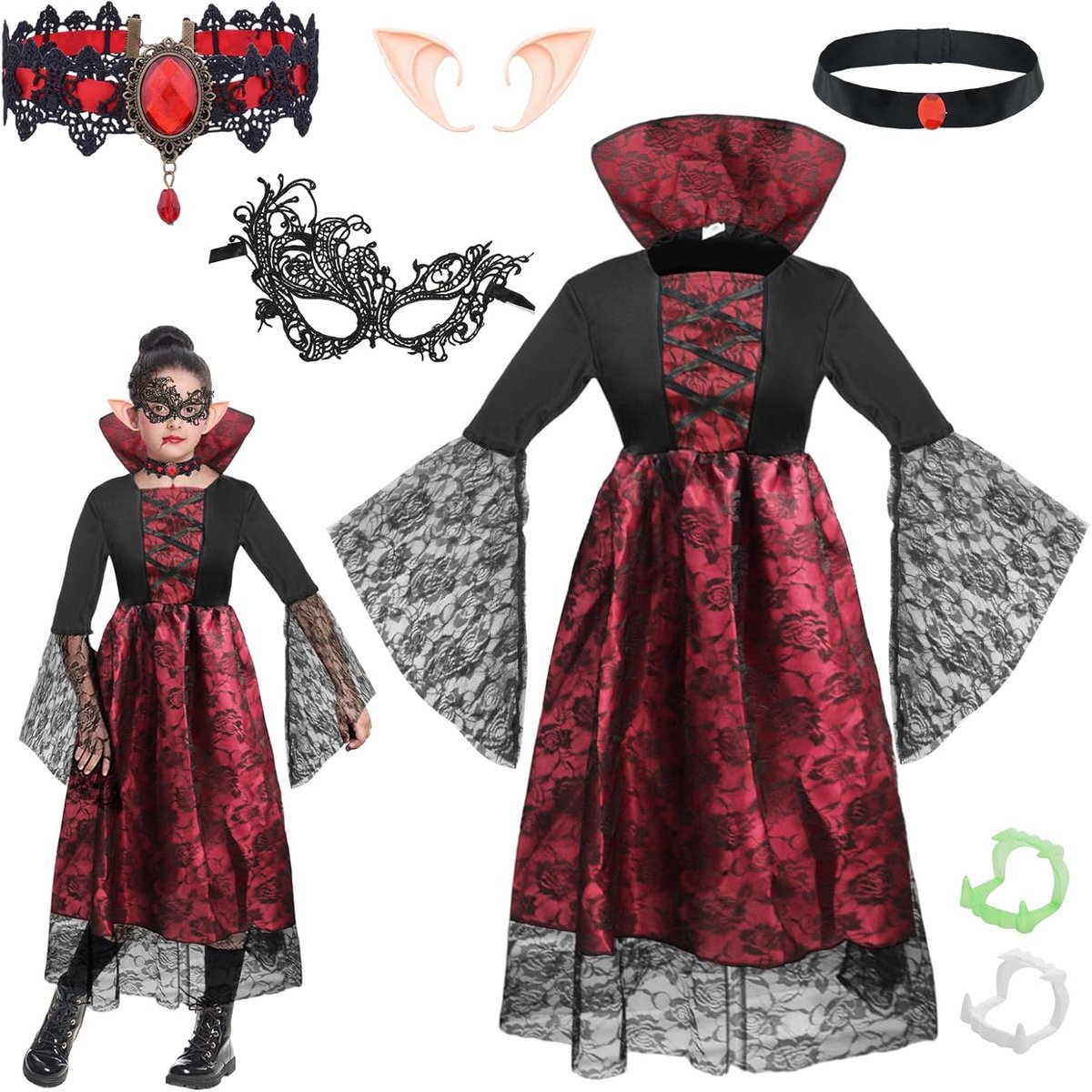 6-delig vampierkostuum voor meisjes, Halloweenkostuum voor kinderen, vampierkostuum voor meisjes, gothic kostuum met halsketting, scheurtanden, elfenoren, oogklep, Victoriaans vampierkostuum voor