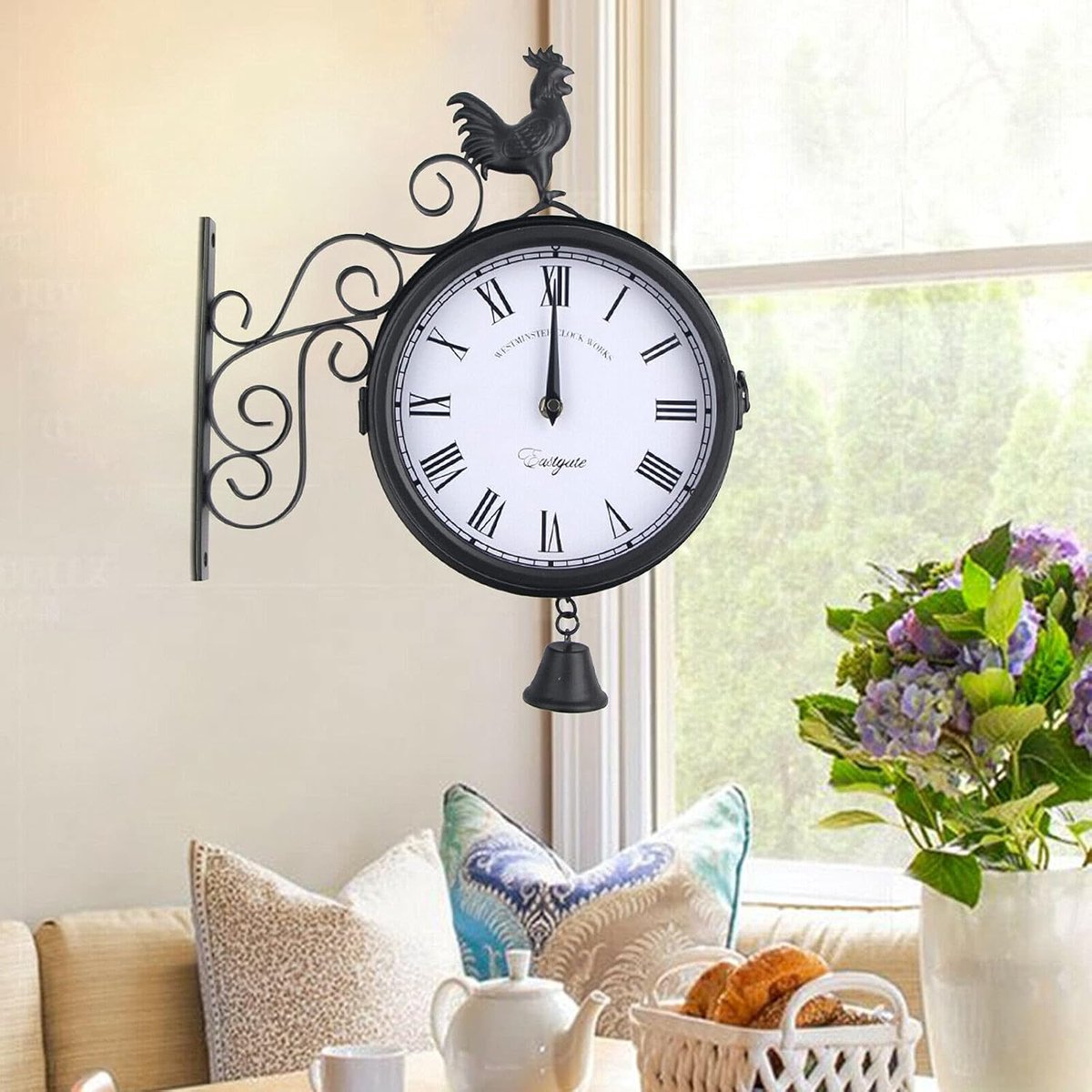 Wandklok, antieke stijl, dubbelzijdige stationsklok, metaal, rond, hangklok, outdoor, decoratief, 30 x 9 x 37 cm, voor tuin, gangen, veranda, station