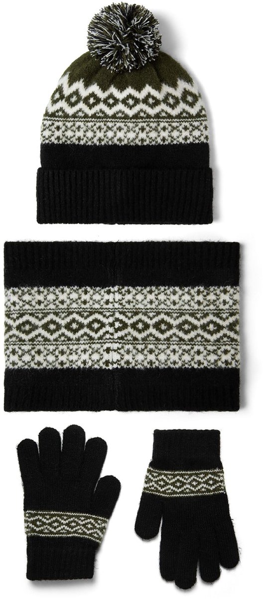 Minoti wintermuts set 3-delig Fair Isle - zwart