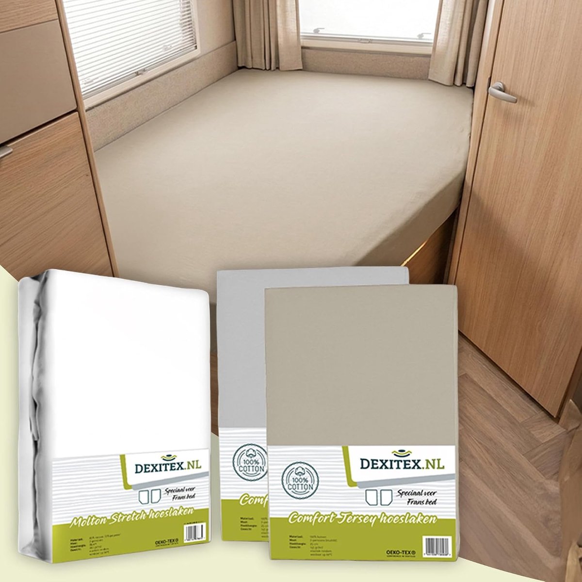 Spannbettlaken Wohnmobil 3er Set - 125-155cm x 200cm - Sand + LightGrey + Matratzenschoner - Perfect voor Franse Bedden - ShopVlot