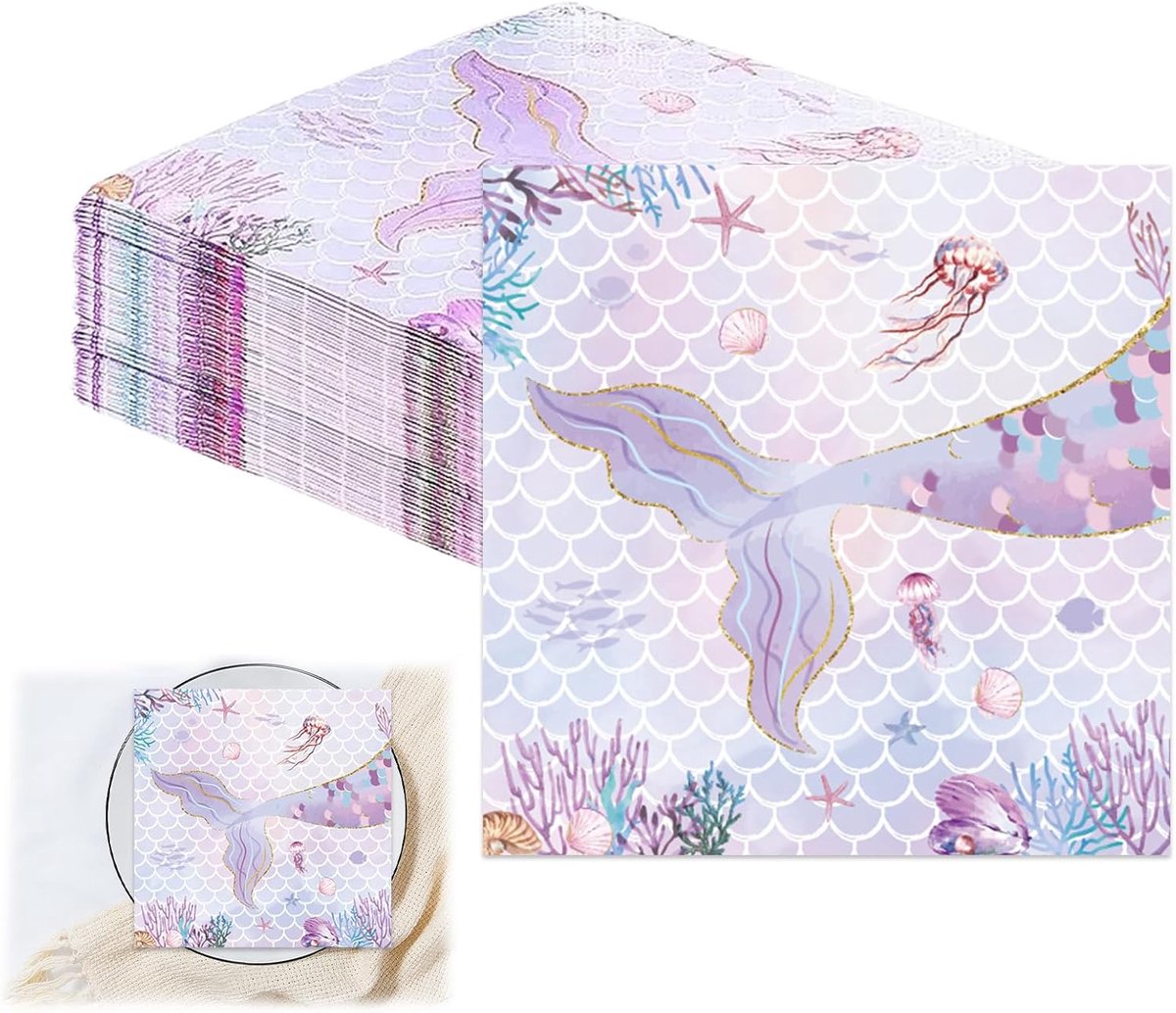 Servetten zeemeermin - 48 stuks, 33x33cm - thema feestservetten - perfect voor kinderfeestjes - SnelShoppen
