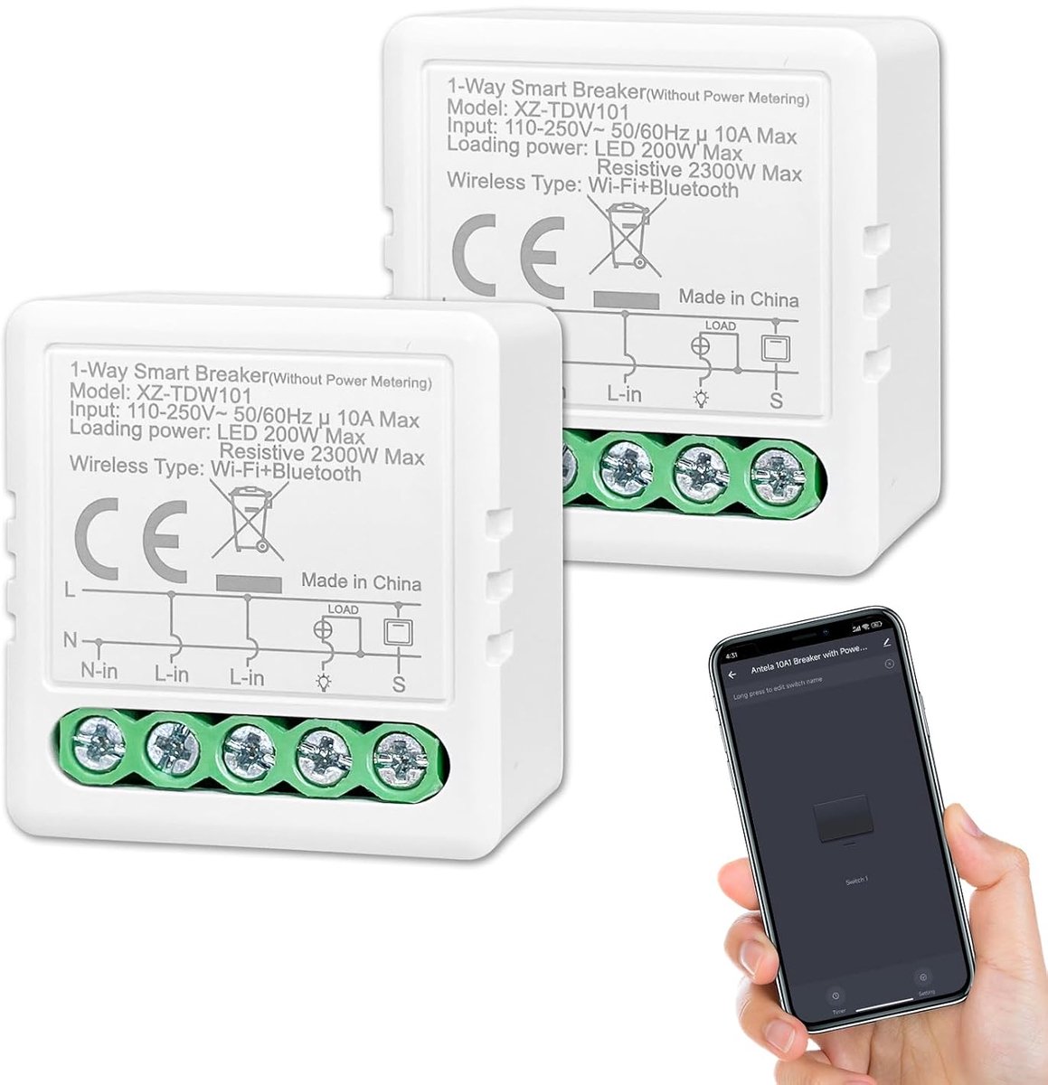 Smart Switch 1-Weg 10A - WiFi en Bluetooth - App Besturing - Geen Hub Nodig - SnelShoppen
