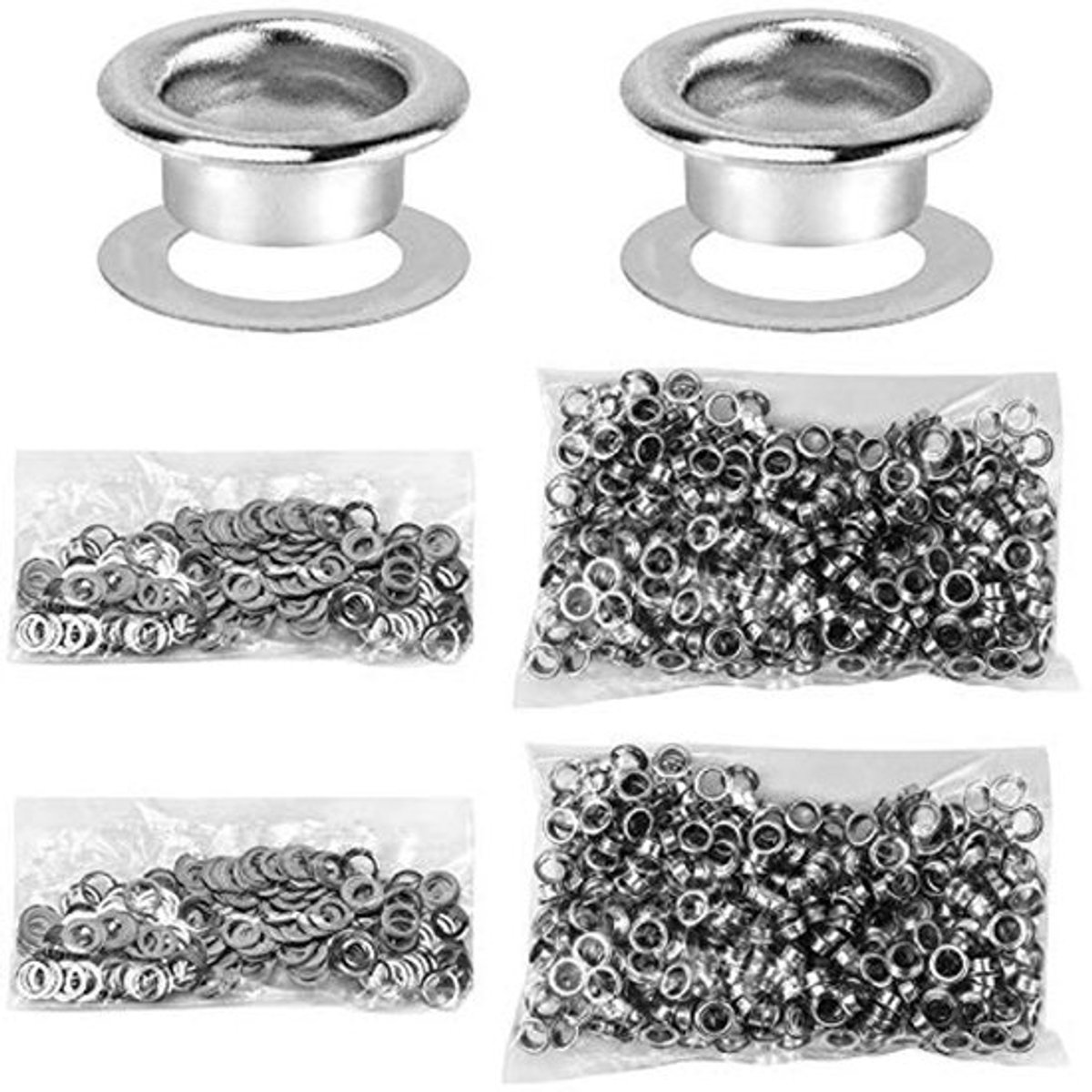gereedschapsset voor doorvoertules, 1000 stuks doorvoerringen en 1000 stuks ringen, 6 mm (1/4 inch), voor schoenen, kleding, dekzeilen van leer, zilver