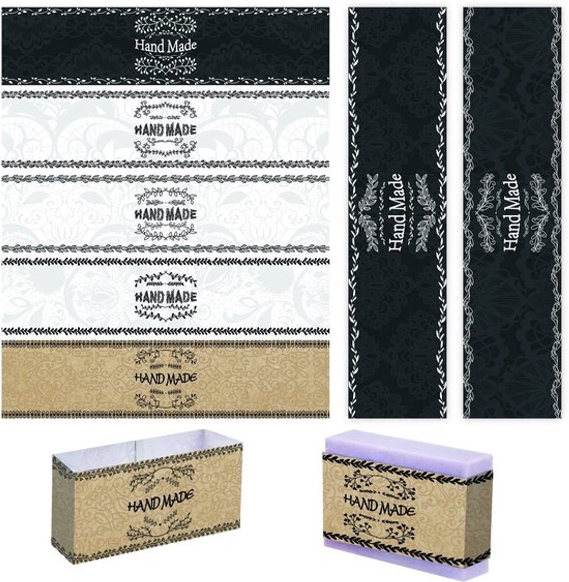 90 stuks inpakpapiertape, 9 stijlen vintage bandlabels, wikkelhoezen, verticale labels voor handgemaakte zeep, lotionrepen, badproducten en cadeauverpakkingen 21x5cm/8,5x1,9inch