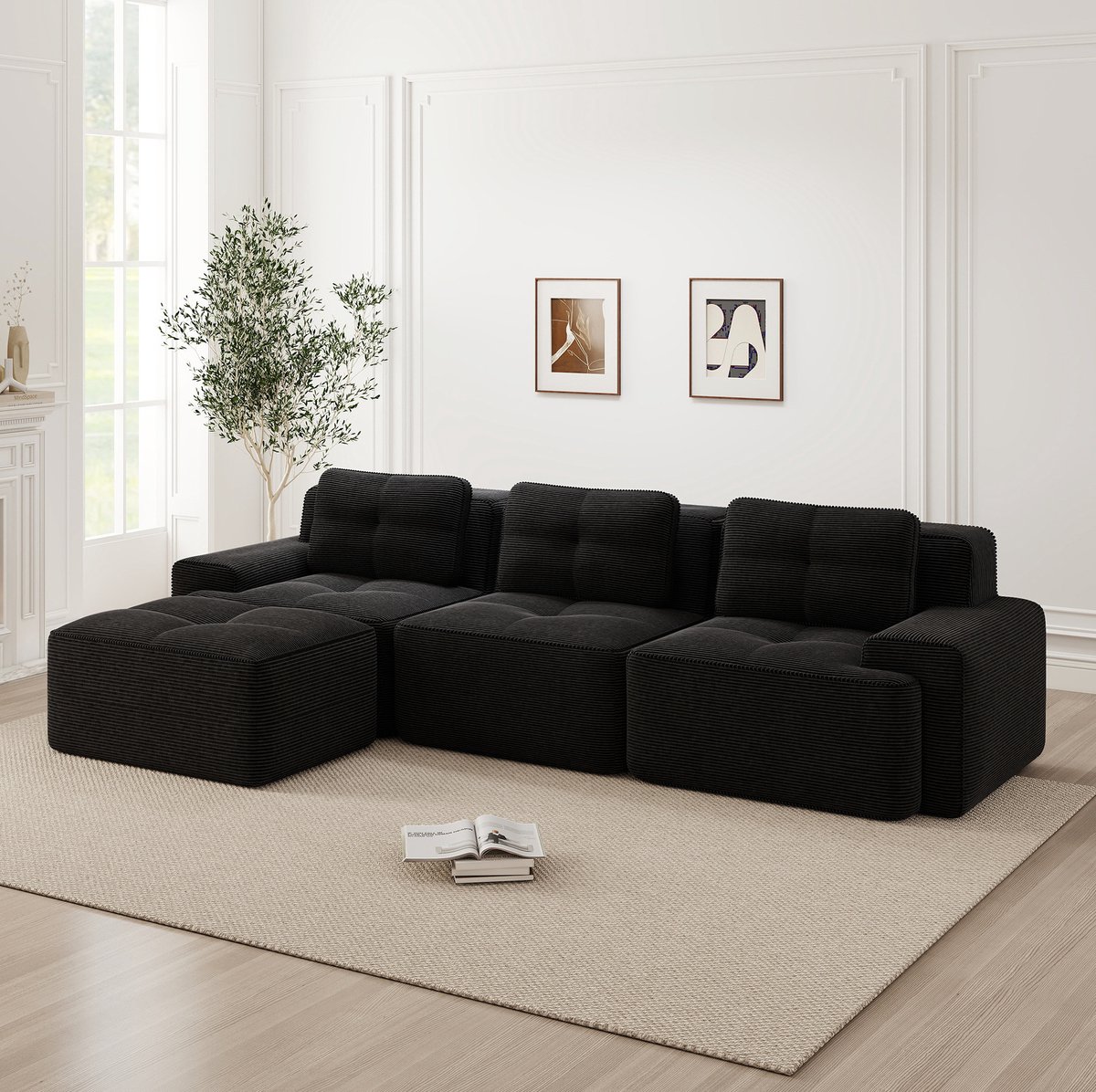 MEUNIQ modulaire hoekbank 293 x 177 x 69 cm met ottoman, 3-zits, corduroy, lage zit en brede armleuningen voor woonkamer in zwart