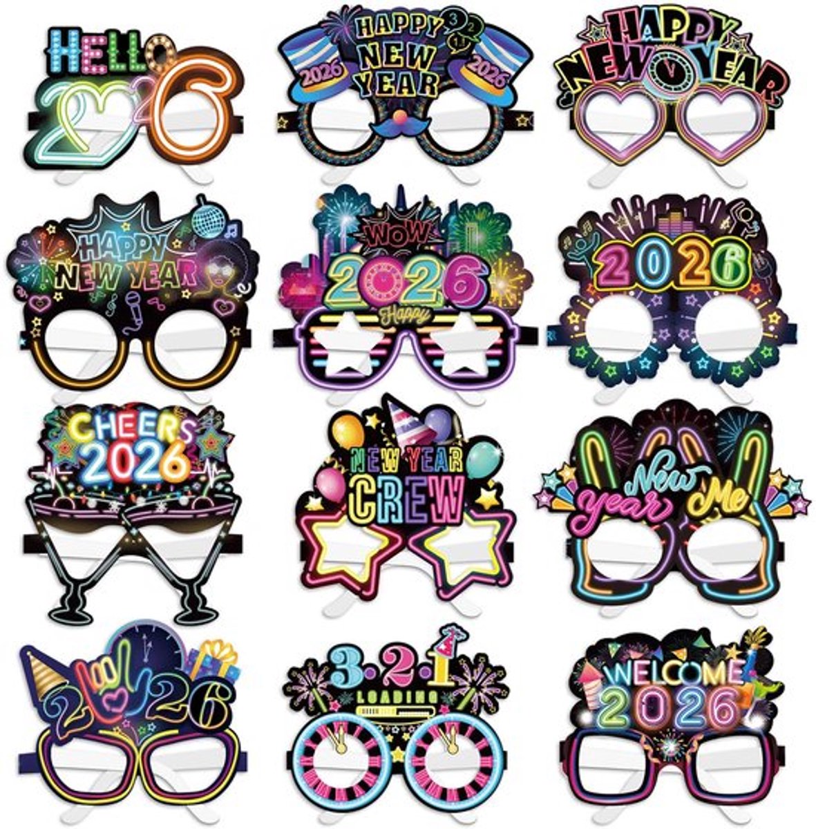 Neon 2025 Oudejaarsavond Bril, 24 Stuks Papieren Bril Gelukkig Nieuwjaar Brillen Bril Voor 2025 Nieuwjaar Party Gunst Neon Veelkleurige Nieuwjaarsfeest Accessoires Foto Rekwisieten