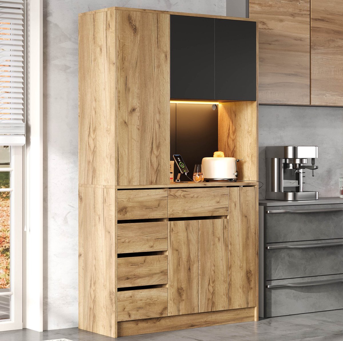 MODENUIT Keukenkast - LED-Verlichting En Uittrekbaar Kruidenrek - Keuken - MDF - 185x105x40 Cm - Zwart Natuurlijk