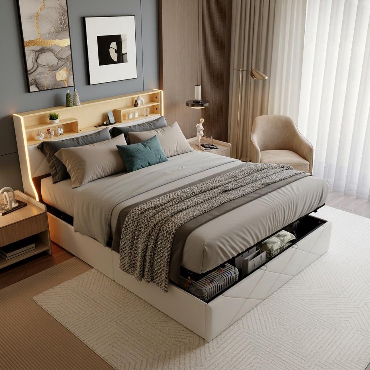 Gestoffeerd tweepersoonsbed - Opbergbed met LED - Ruimte Besparen - Geïntegreerde USB-poort - 160x200 cm - Wit