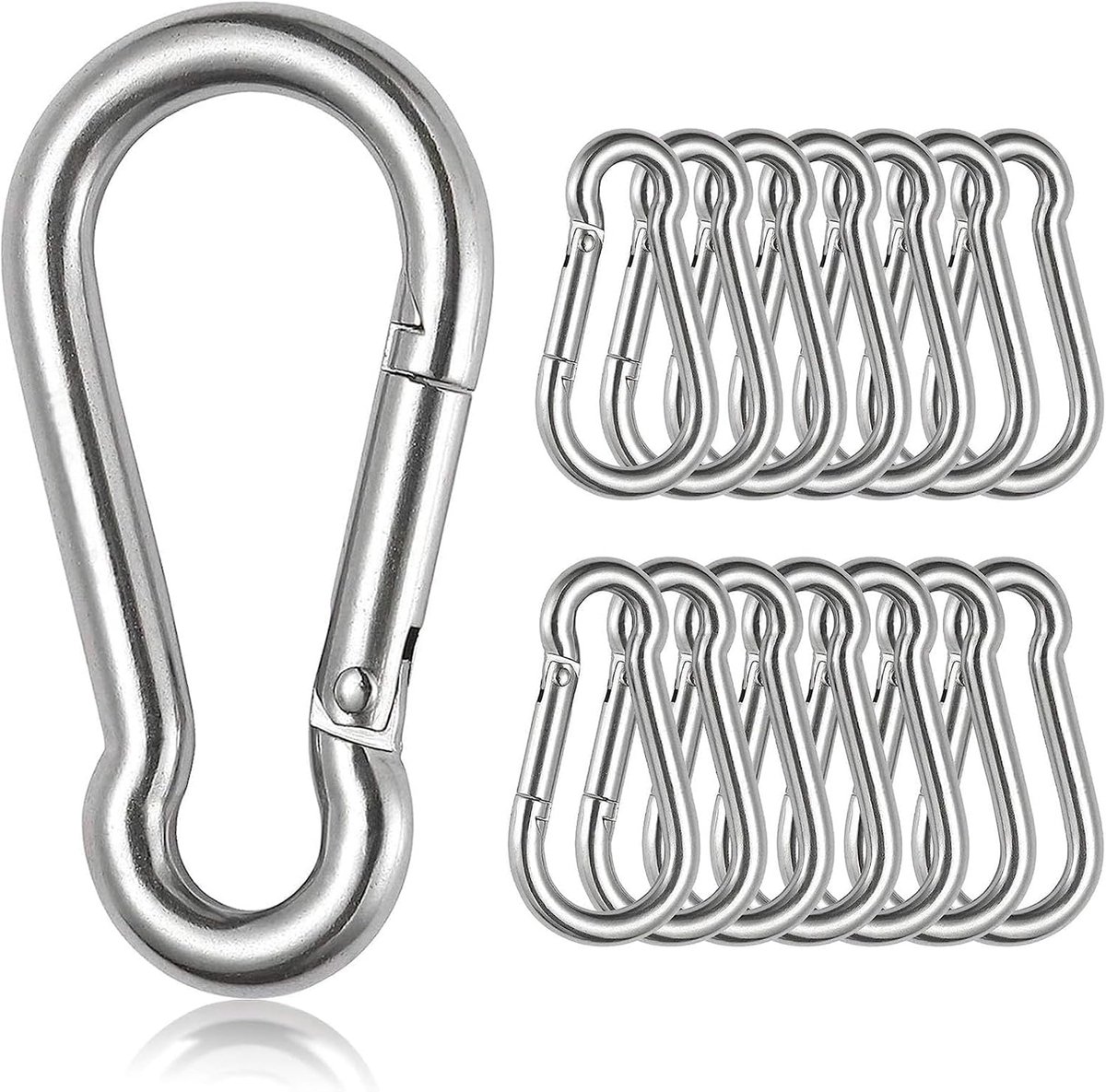 Carabiner set 15-delig - 6 x 60 mm staal - 180 kg draagkracht - praktisch voor sleutels en camping - SnelShoppen